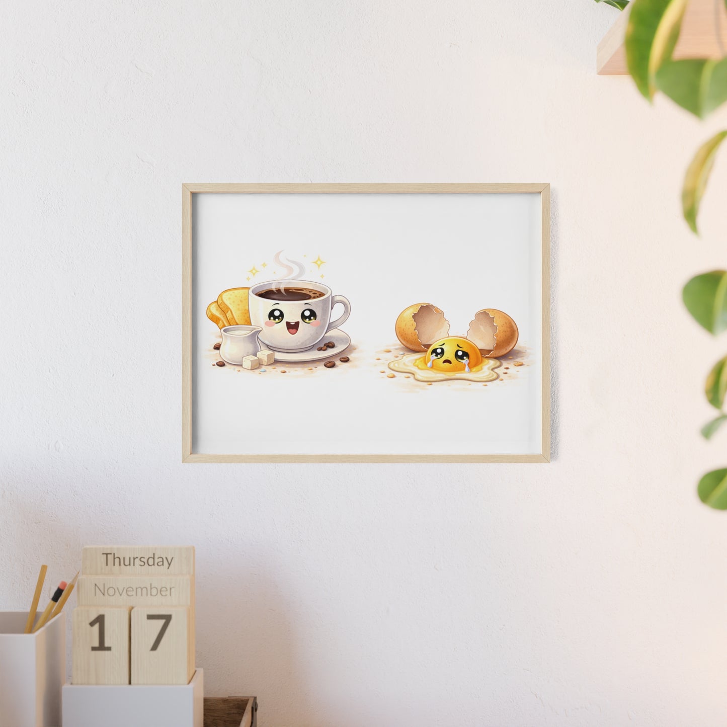 Cute Coffee & Sad Egg Framed Poster — Kitchen Wall Art
