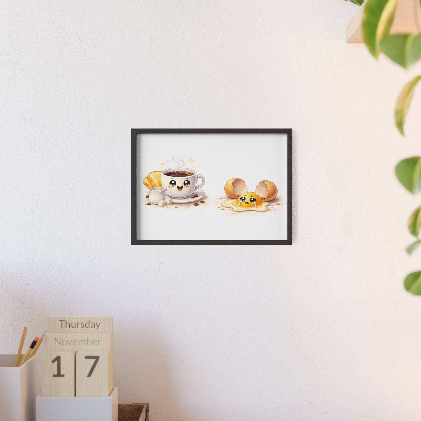 Cute Coffee & Sad Egg Framed Poster — Kitchen Wall Art