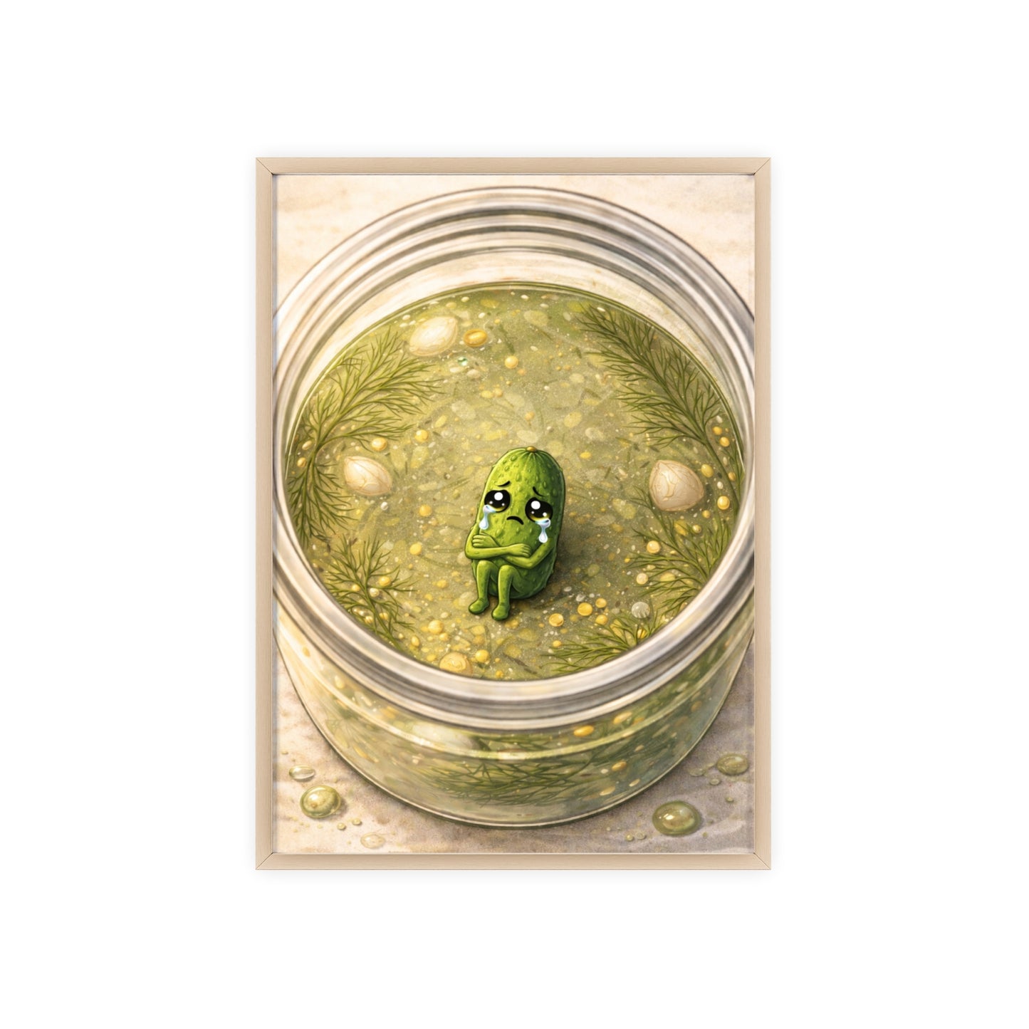 Whimsical Pickle in Jar Art Print — Framed Poster for Kitchens & Gift-Giving