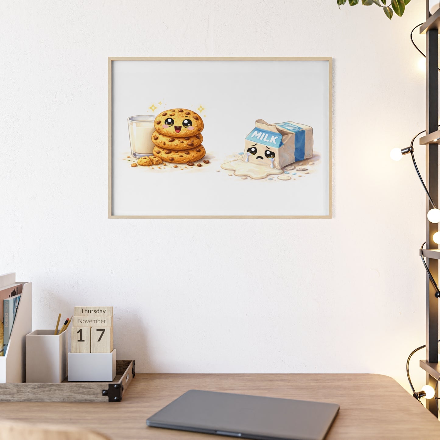 Cute Kawaii Cookies & Milk Poster with Frame — Whimsical Kitchen Wall Art