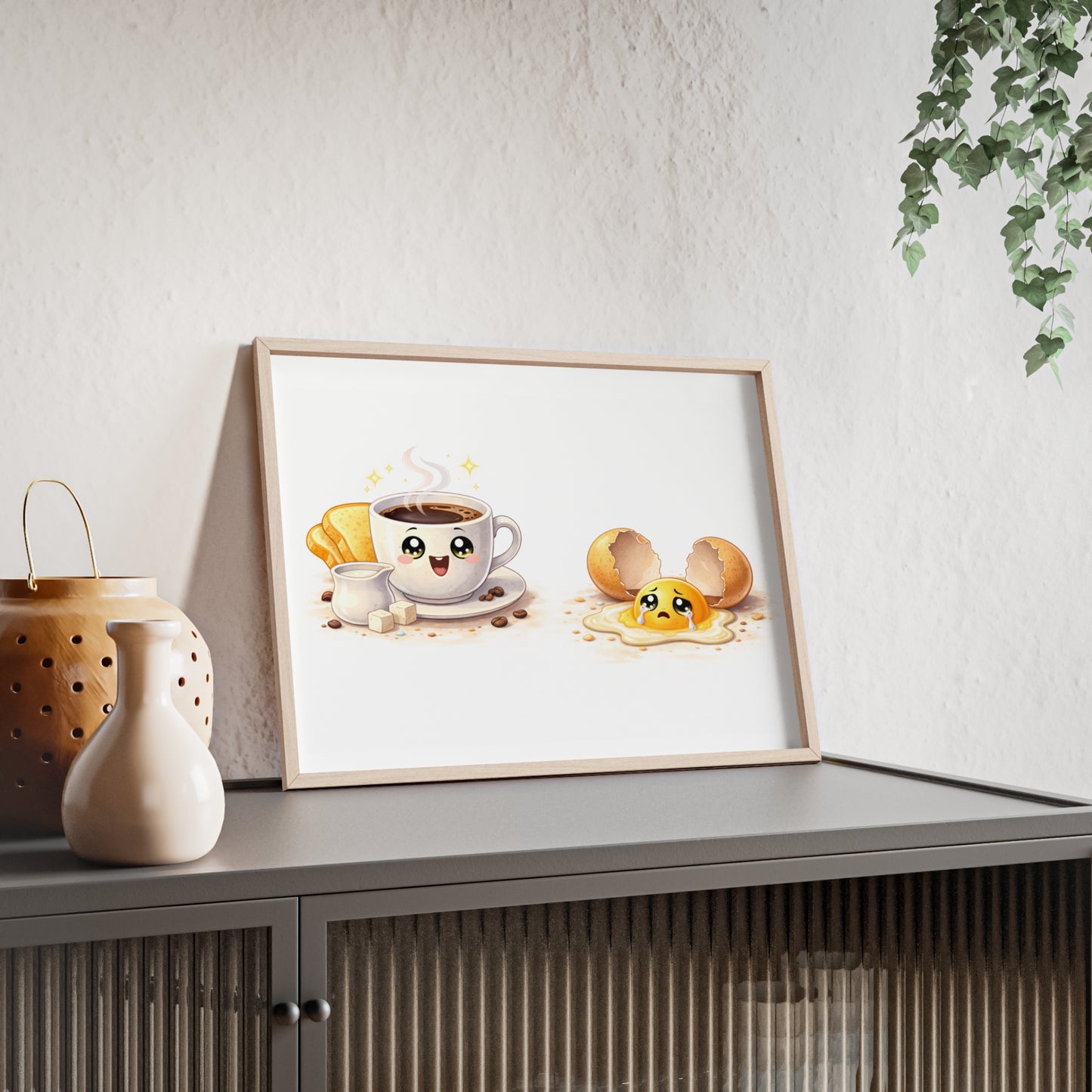 Cute Coffee & Sad Egg Framed Poster — Kitchen Wall Art