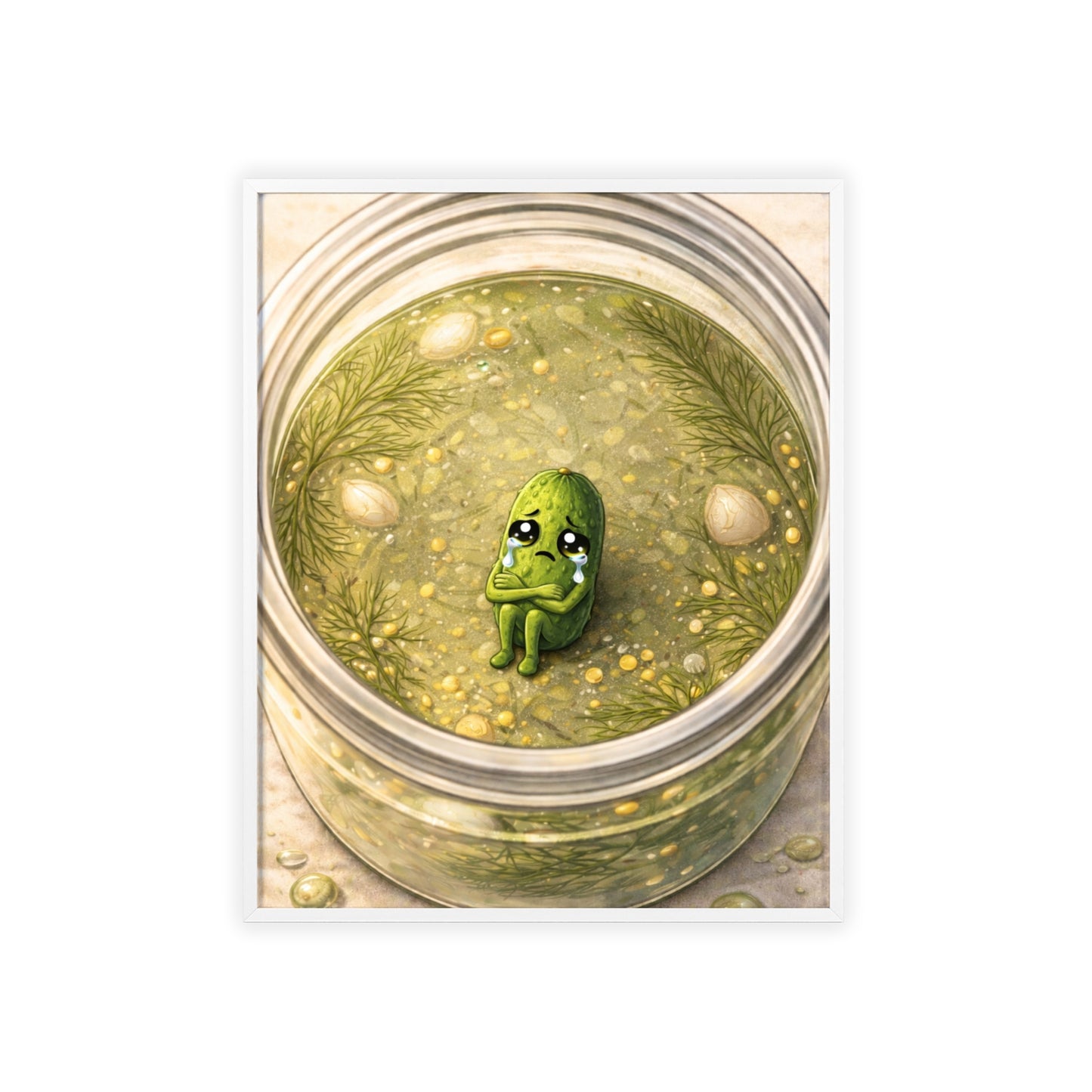 Whimsical Pickle in Jar Art Print — Framed Poster for Kitchens & Gift-Giving