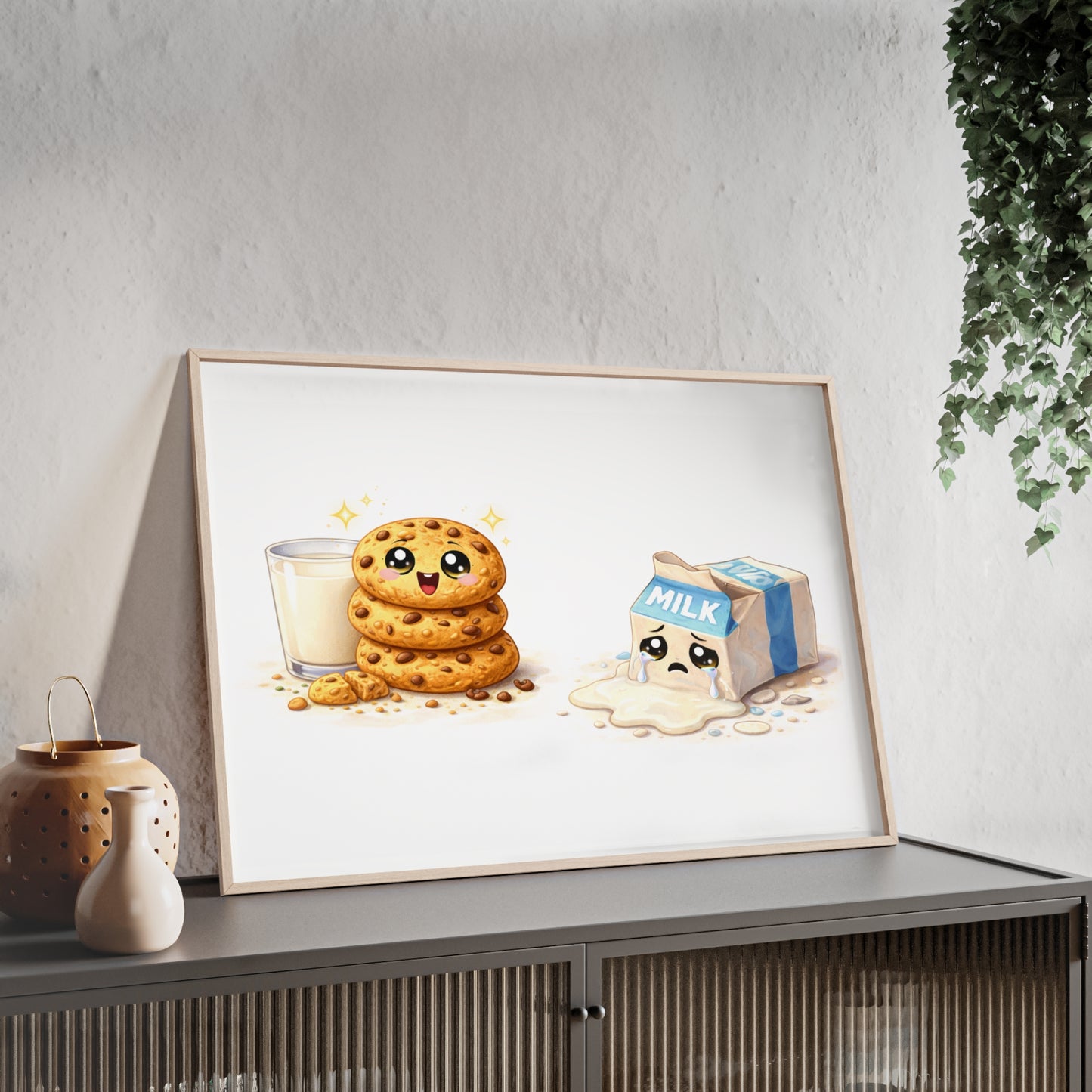 Cute Kawaii Cookies & Milk Poster with Frame — Whimsical Kitchen Wall Art