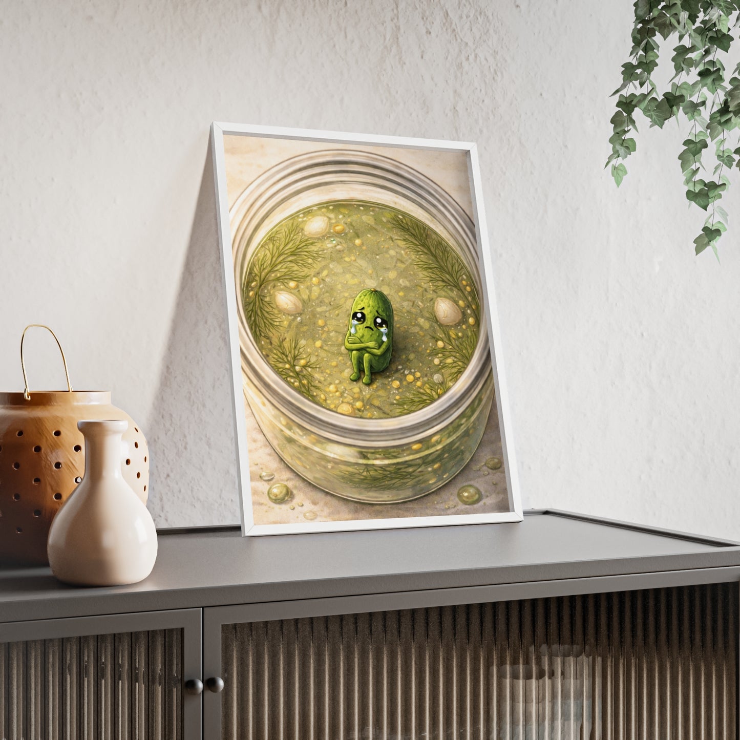 Whimsical Pickle in Jar Art Print — Framed Poster for Kitchens & Gift-Giving