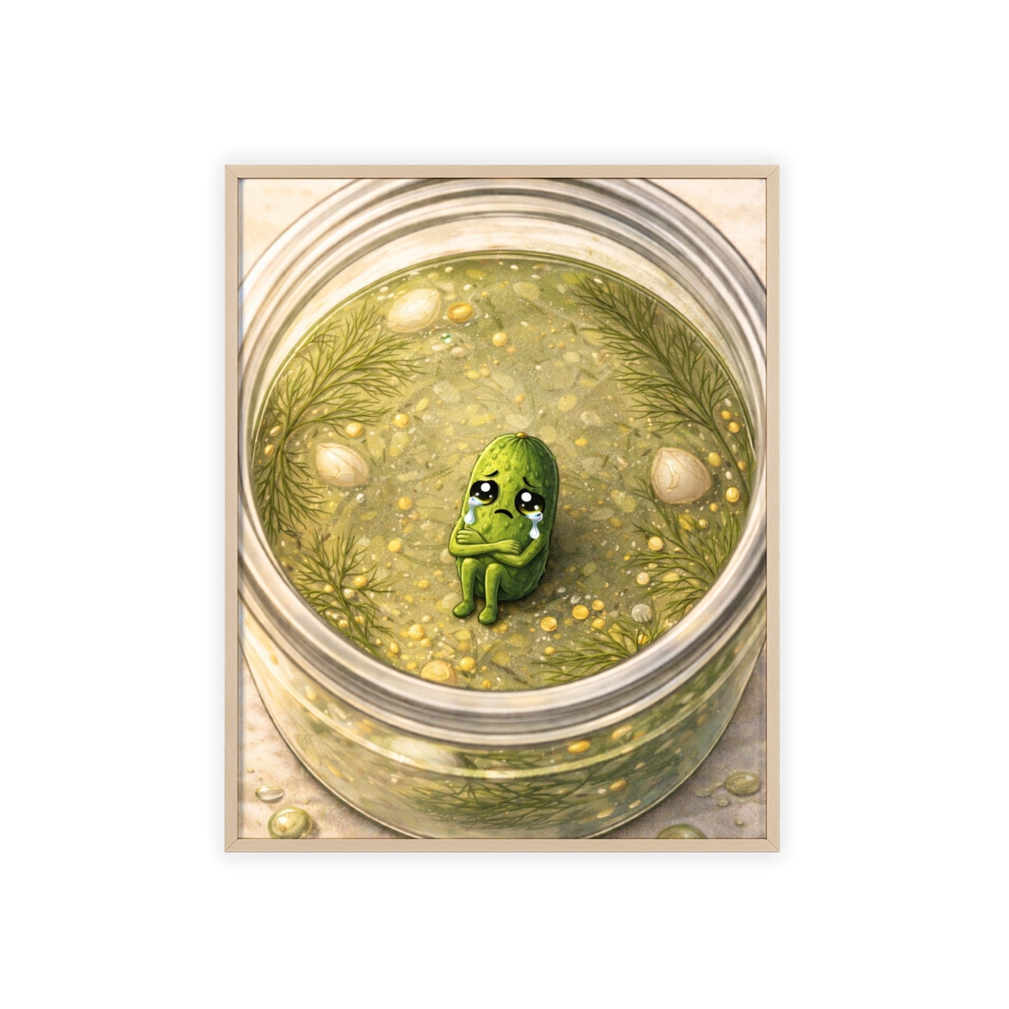 Whimsical Pickle in Jar Art Print — Framed Poster for Kitchens & Gift-Giving