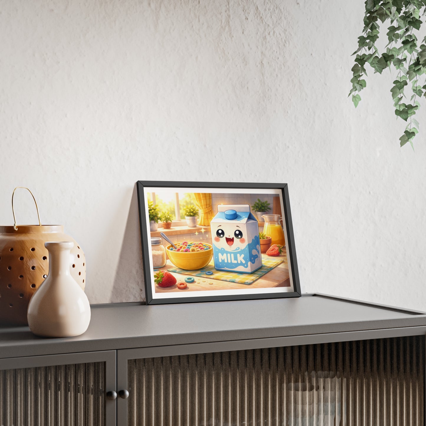 Cute Kawaii Milk Carton Poster (Framed) — Breakfast Nursery Wall Art