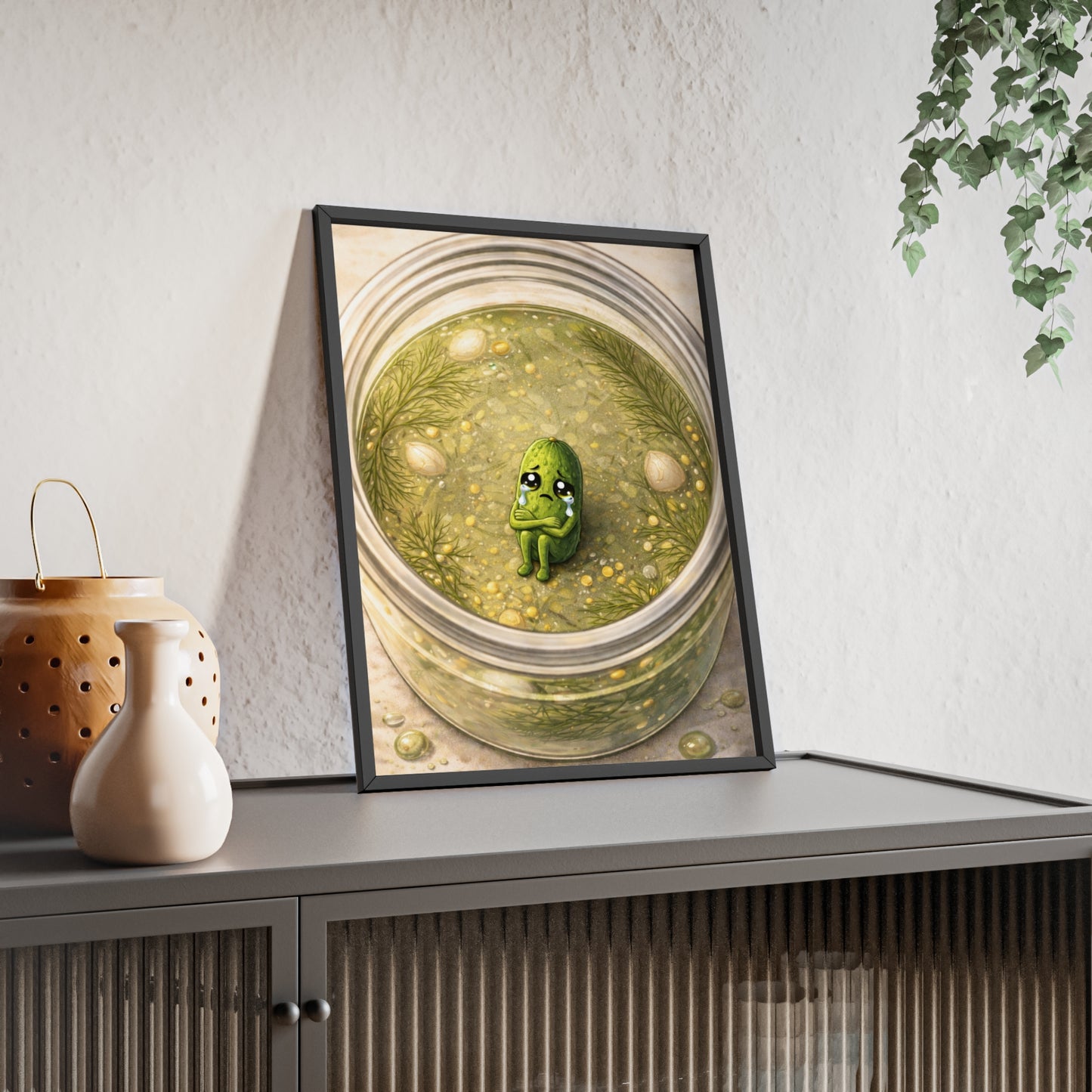 Whimsical Pickle in Jar Art Print — Framed Poster for Kitchens & Gift-Giving