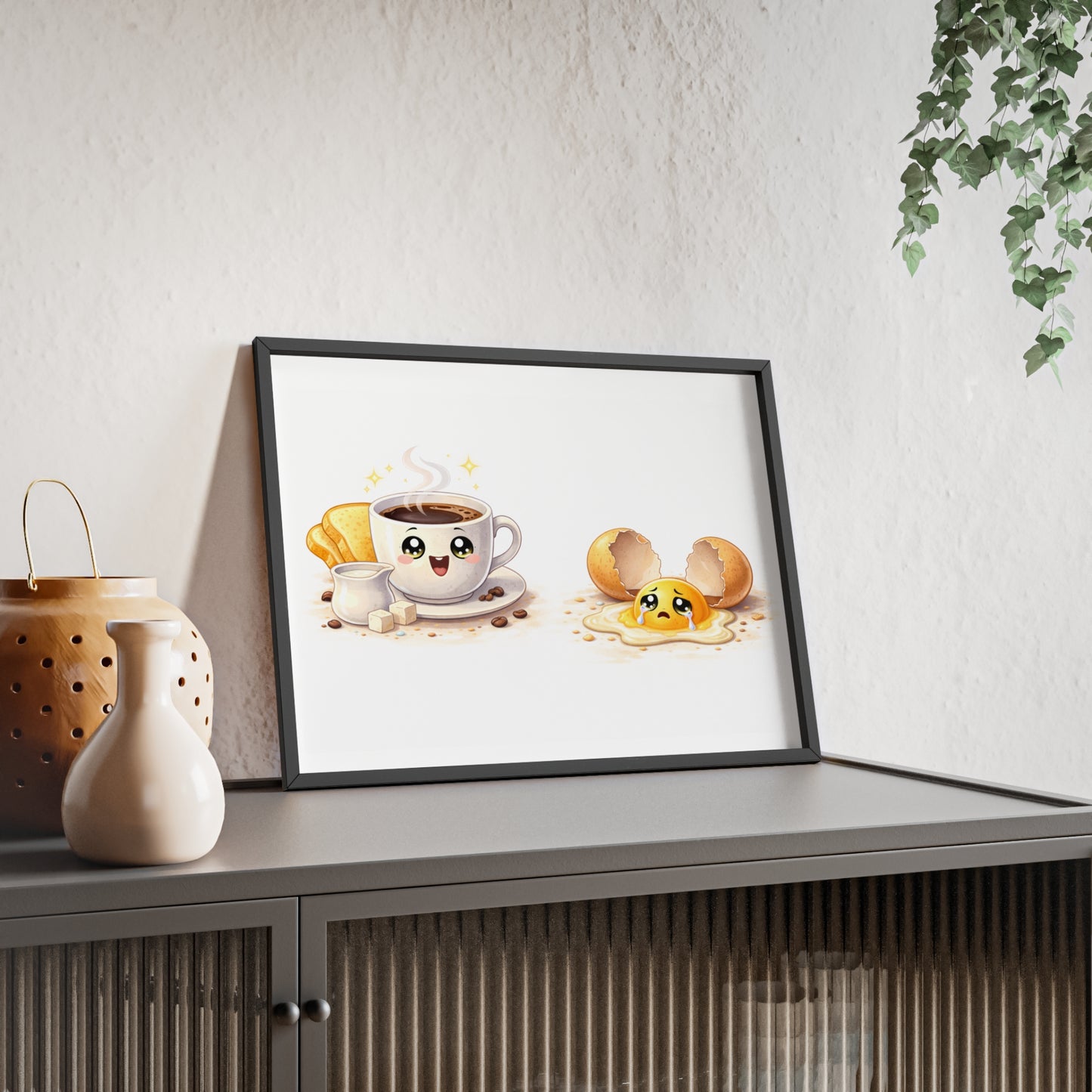 Cute Coffee & Sad Egg Framed Poster — Kitchen Wall Art