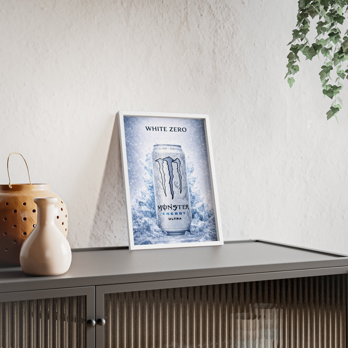 MONSTER White Energy Drink Poster Framed —  Wall Art