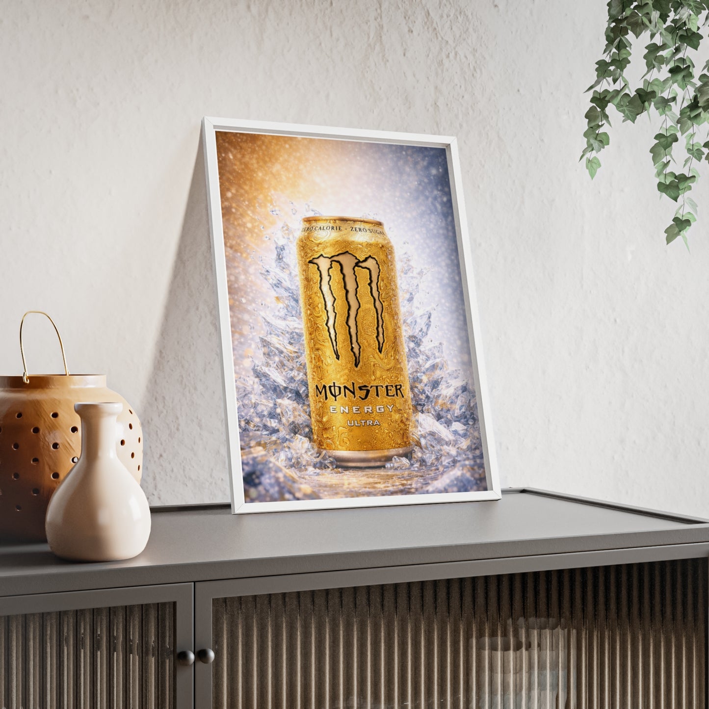 MONSTER Gold Energy Drink Poster Framed — Wall Art