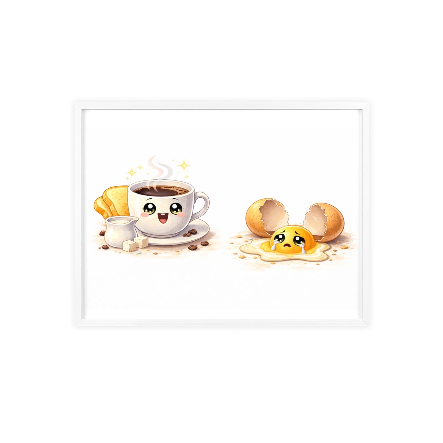 Cute Coffee & Sad Egg Framed Poster — Kitchen Wall Art
