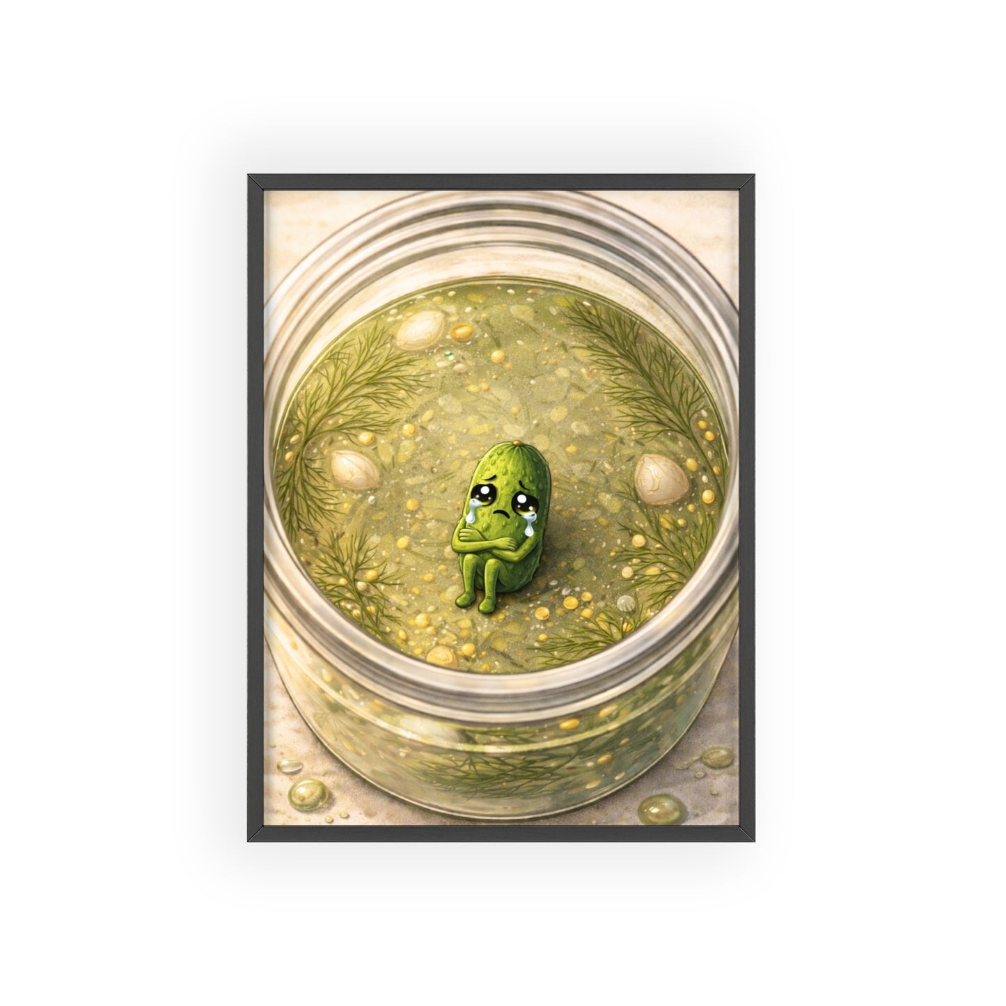 Whimsical Pickle in Jar Art Print — Framed Poster for Kitchens & Gift-Giving