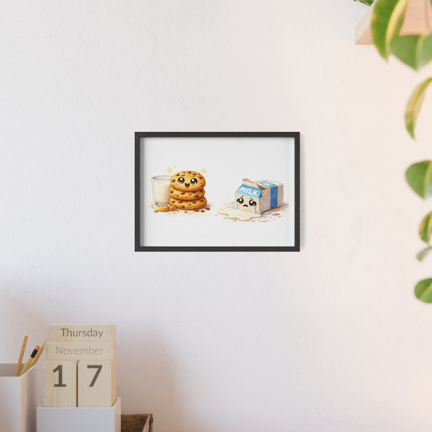 Cute Kawaii Cookies & Milk Poster with Frame — Whimsical Kitchen Wall Art