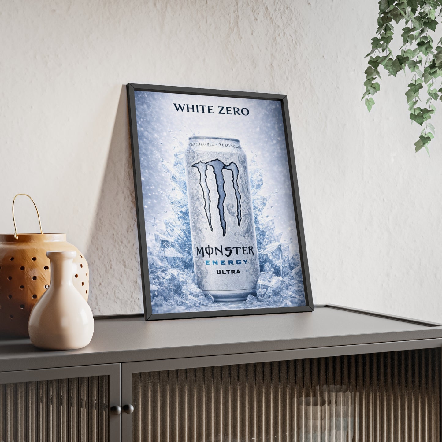MONSTER White Energy Drink Poster Framed —  Wall Art