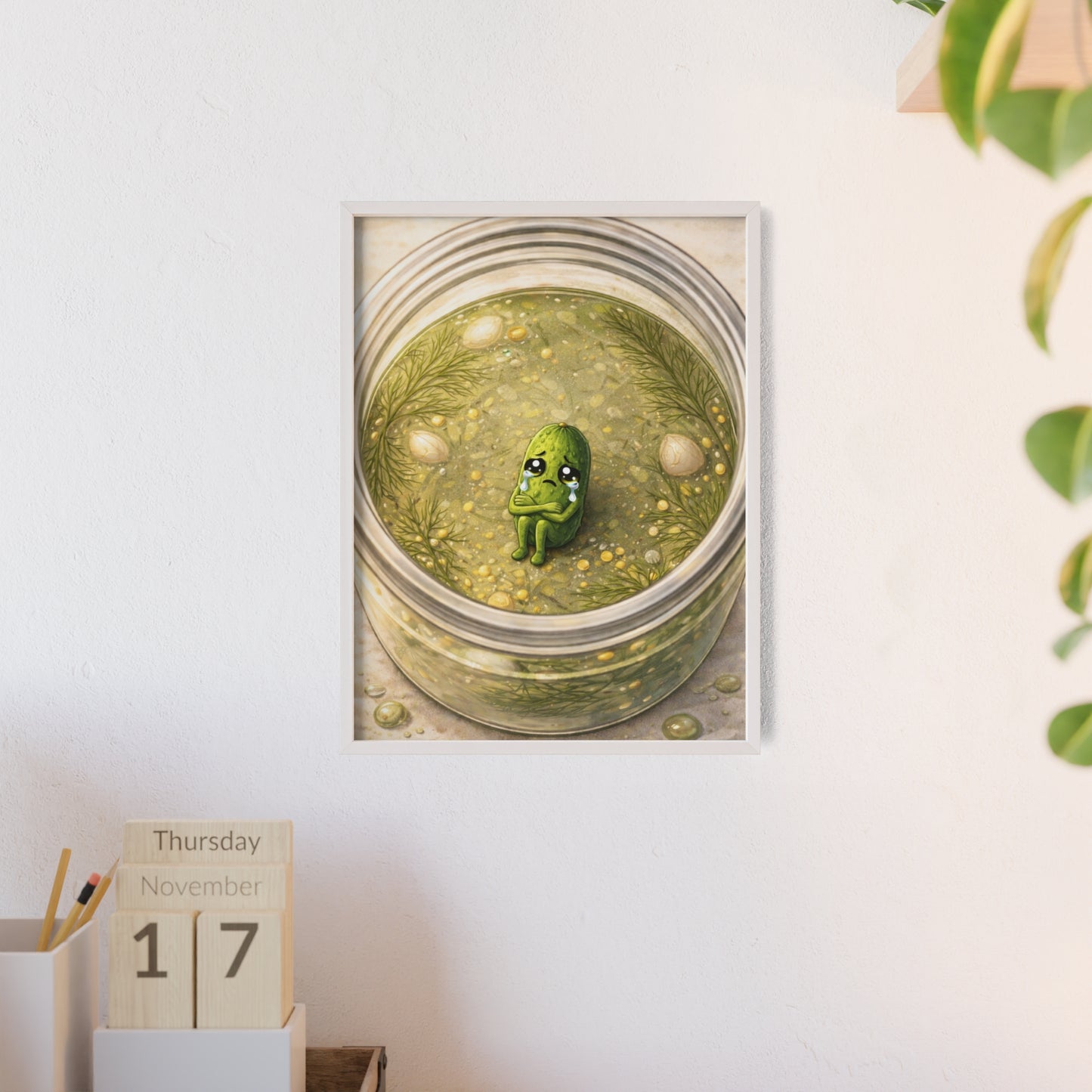 Whimsical Pickle in Jar Art Print — Framed Poster for Kitchens & Gift-Giving