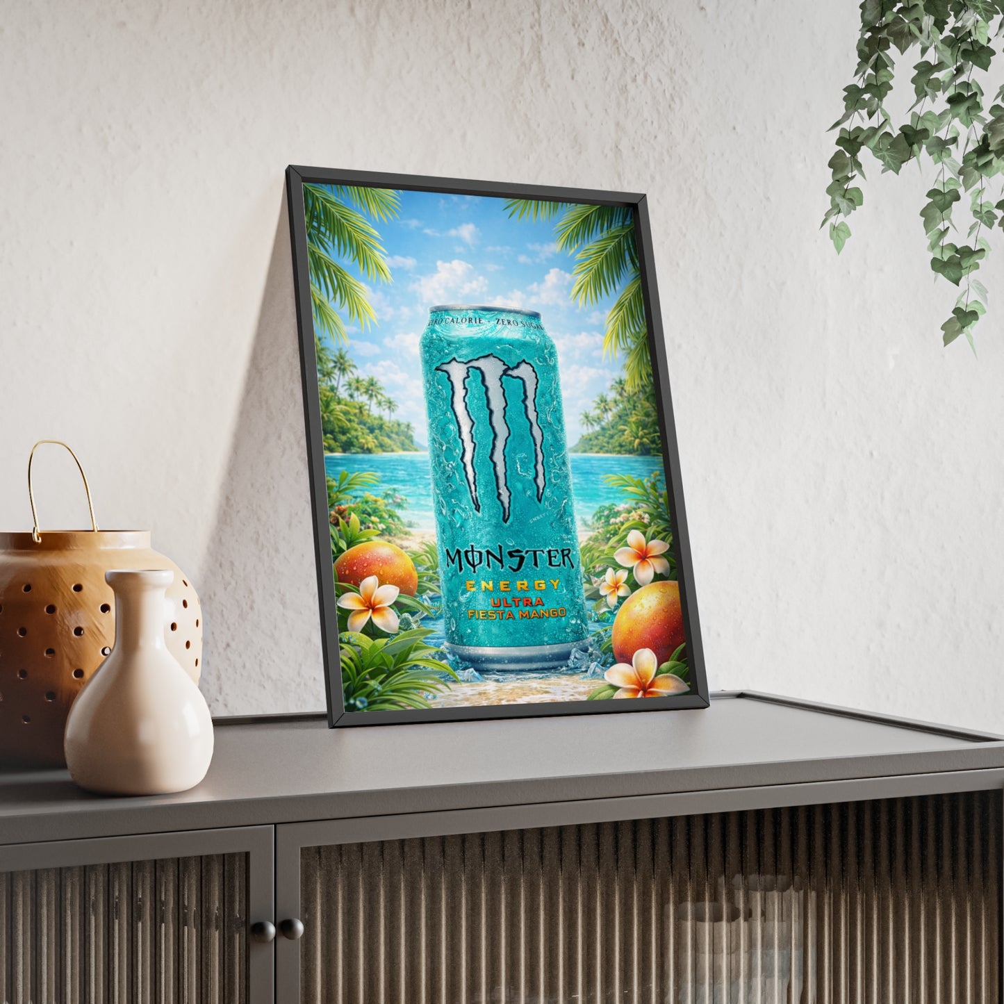 MONSTER Mango Energy Drink Poster Framed — Wall Art