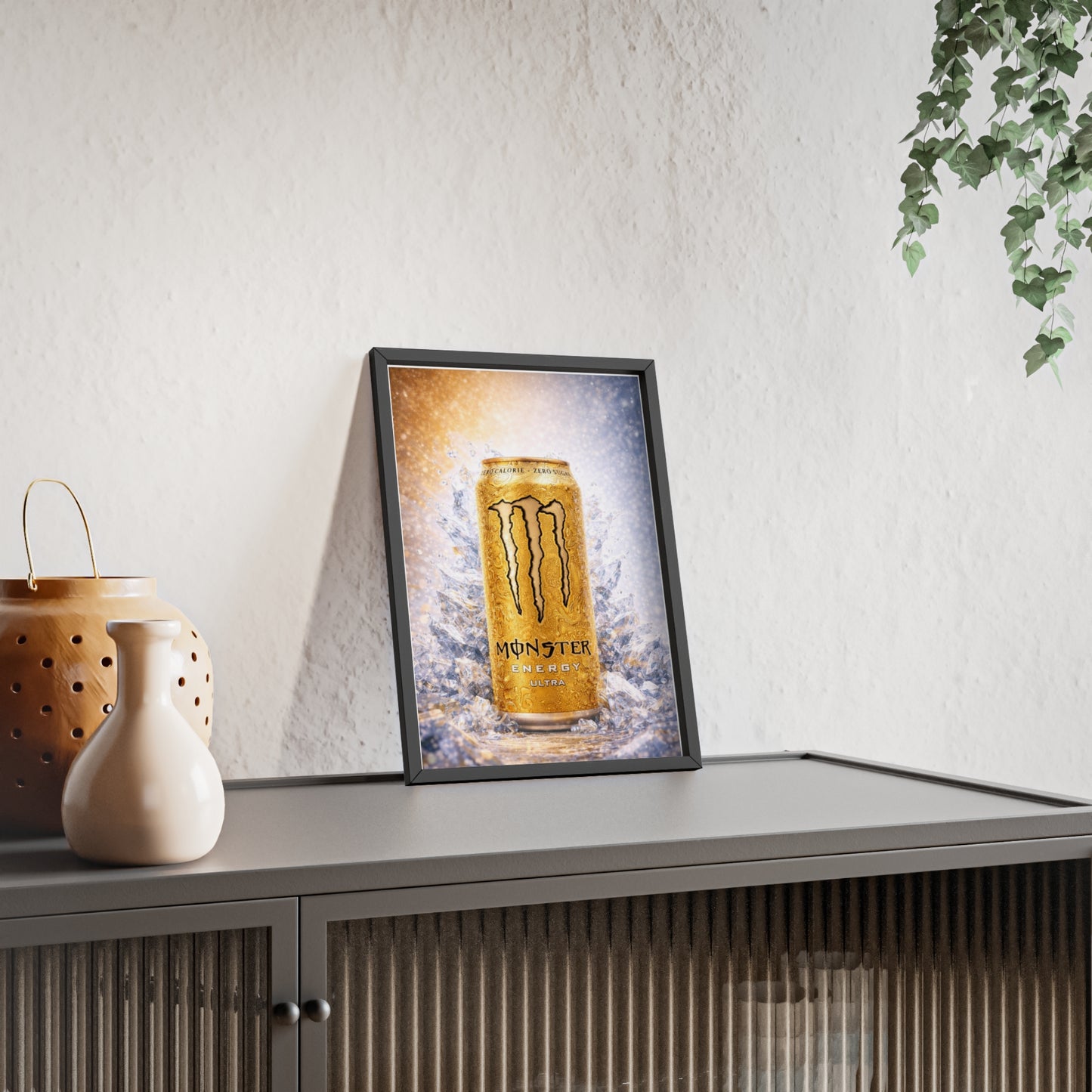 MONSTER Gold Energy Drink Poster Framed — Wall Art