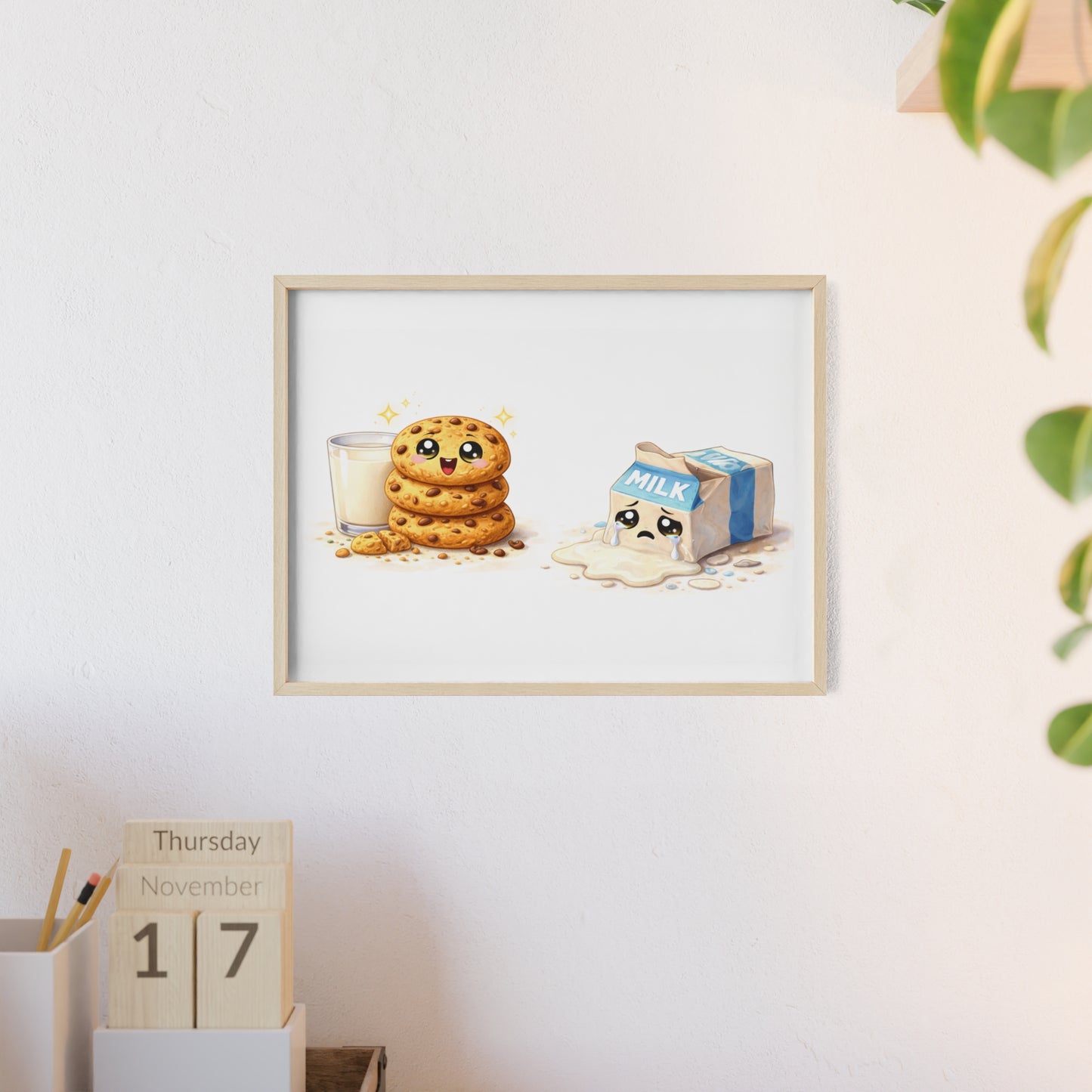 Cute Kawaii Cookies & Milk Poster with Frame — Whimsical Kitchen Wall Art
