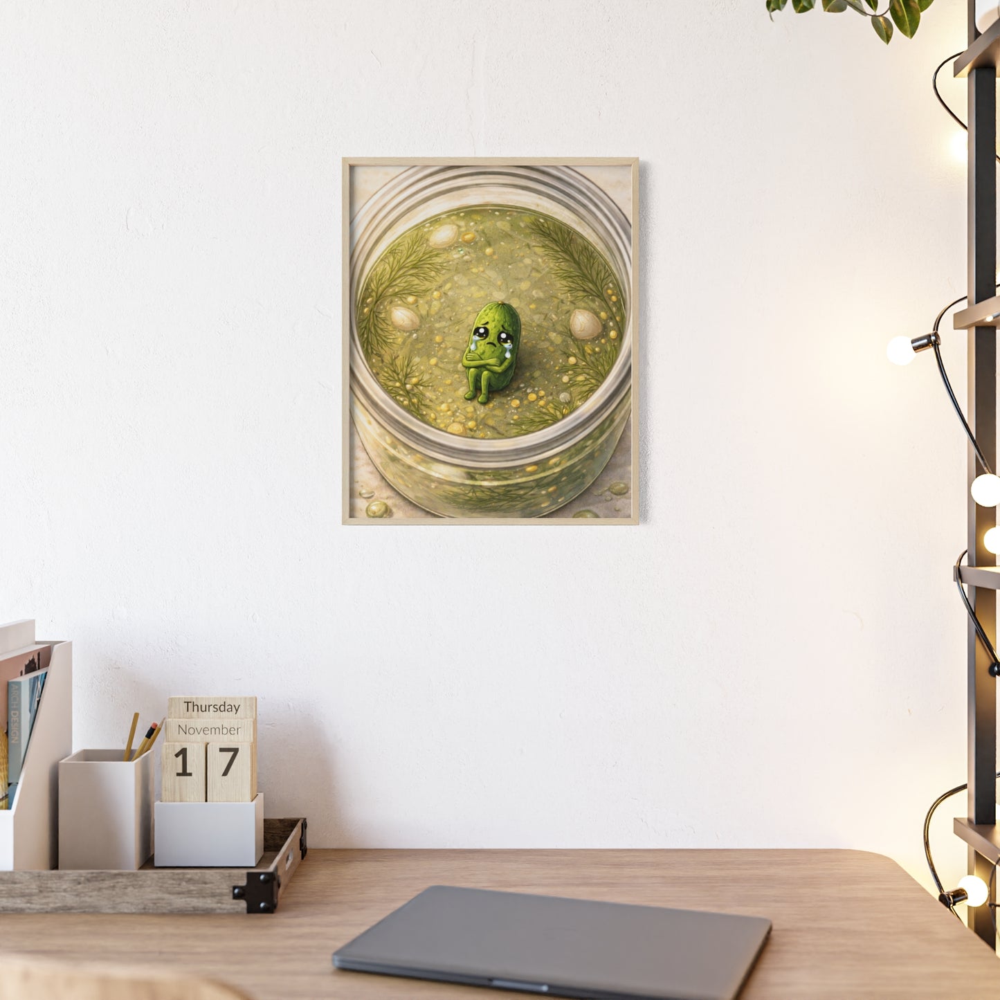 Whimsical Pickle in Jar Art Print — Framed Poster for Kitchens & Gift-Giving