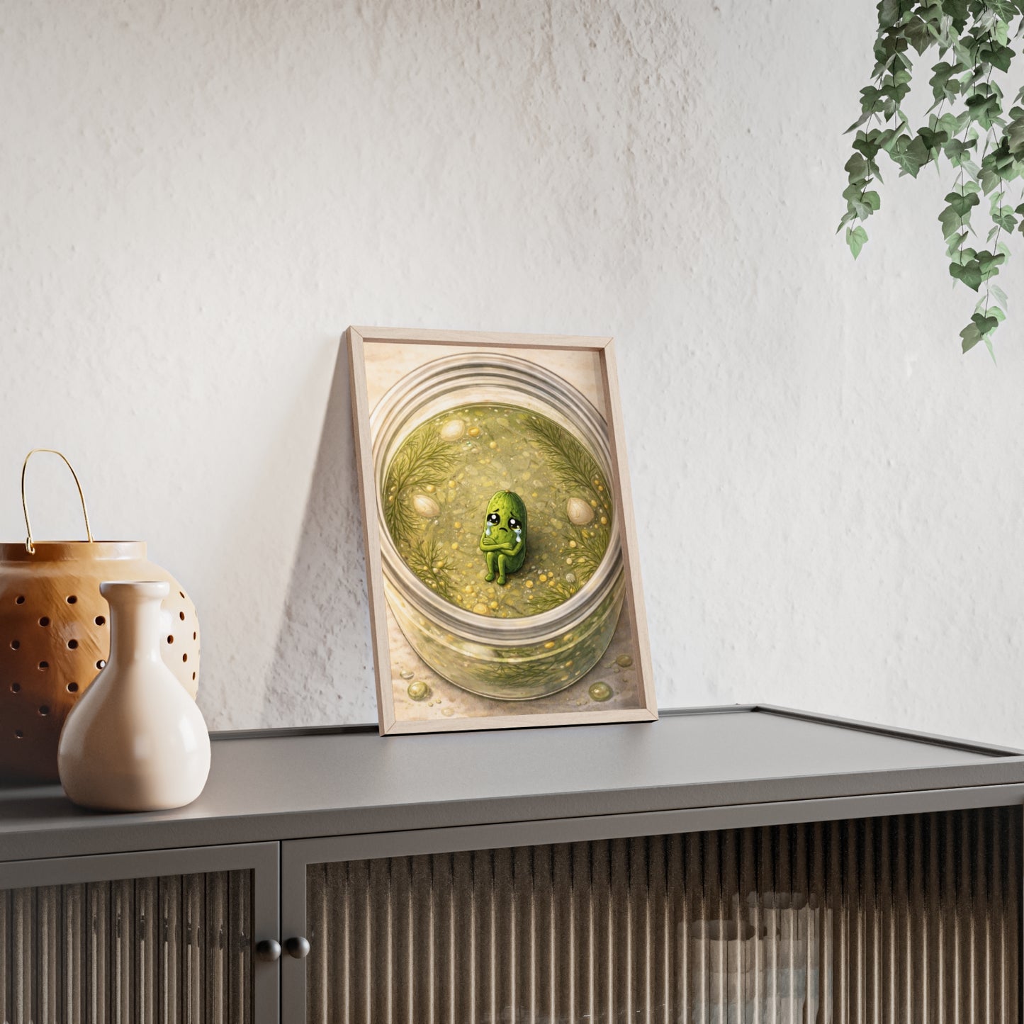Whimsical Pickle in Jar Art Print — Framed Poster for Kitchens & Gift-Giving