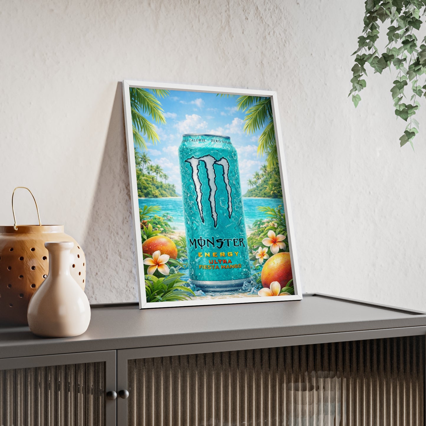 MONSTER Mango Energy Drink Poster Framed — Wall Art