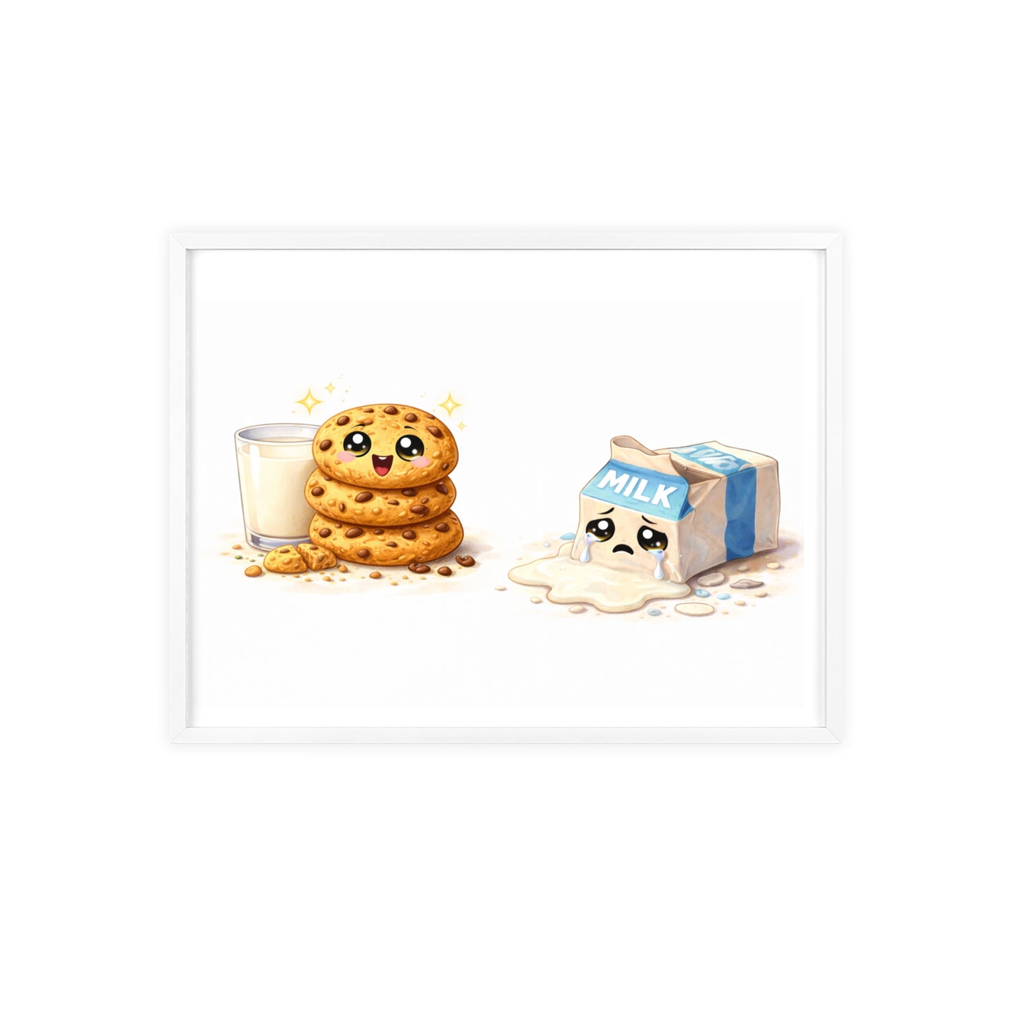 Cute Kawaii Cookies & Milk Poster with Frame — Whimsical Kitchen Wall Art