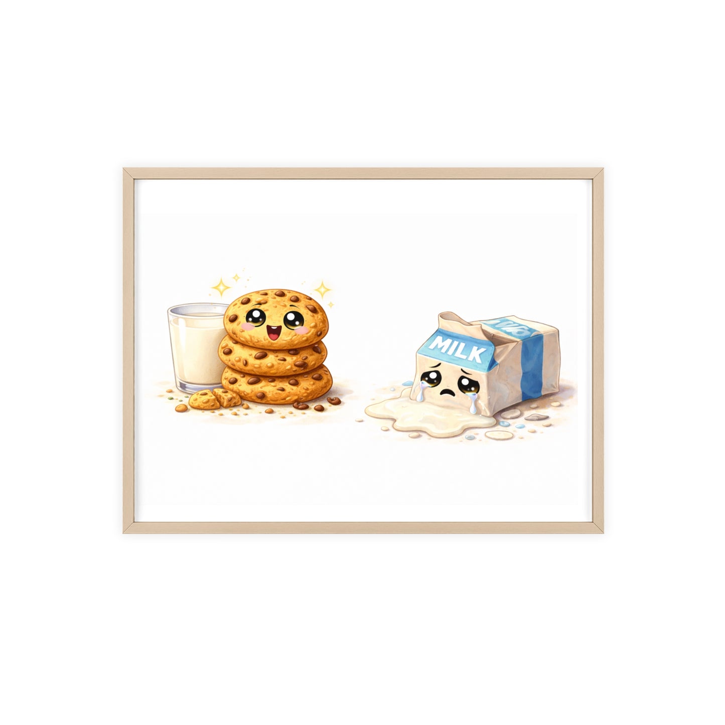 Cute Kawaii Cookies & Milk Poster with Frame — Whimsical Kitchen Wall Art