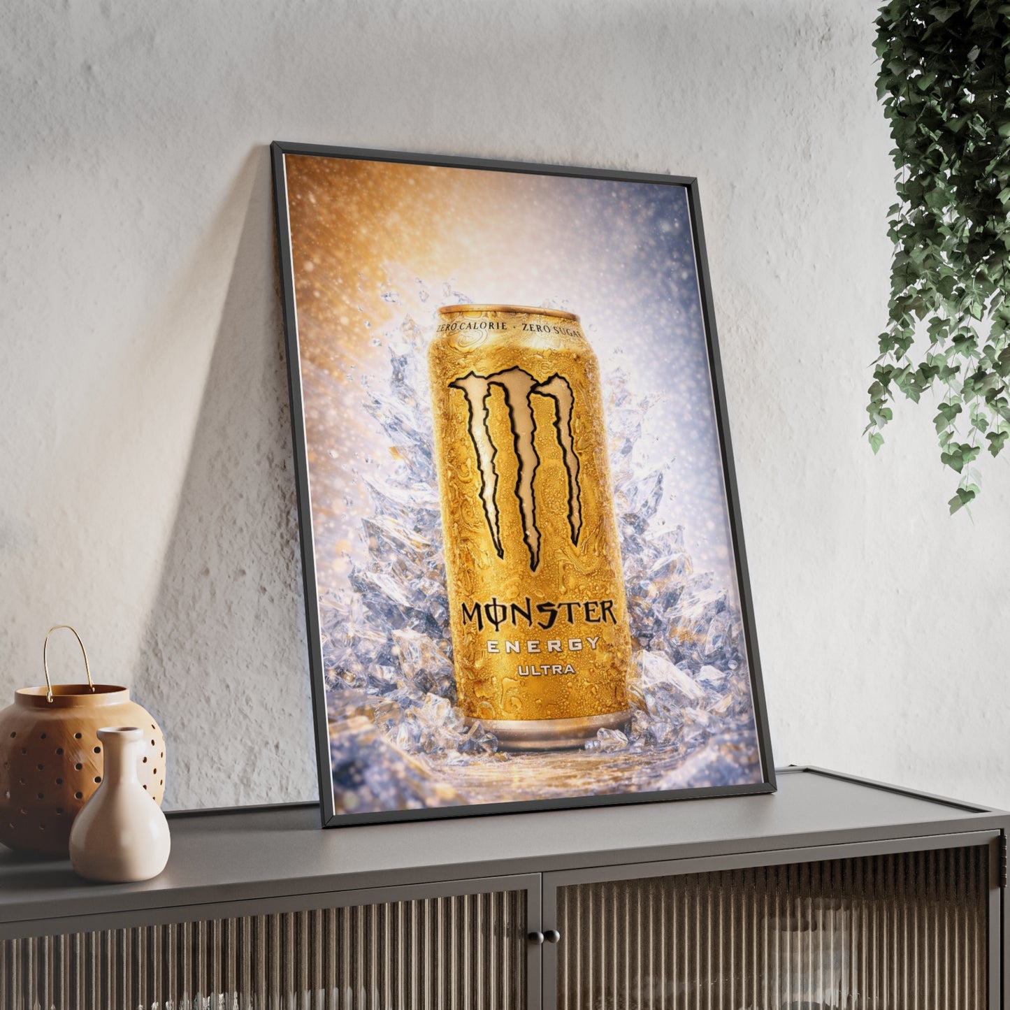 MONSTER Gold Energy Drink Poster Framed — Wall Art