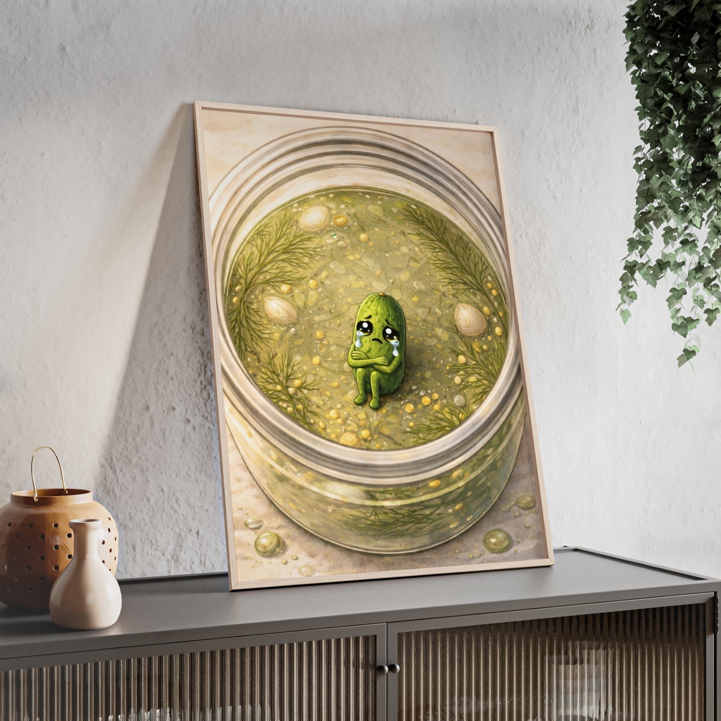 Whimsical Pickle in Jar Art Print — Framed Poster for Kitchens & Gift-Giving