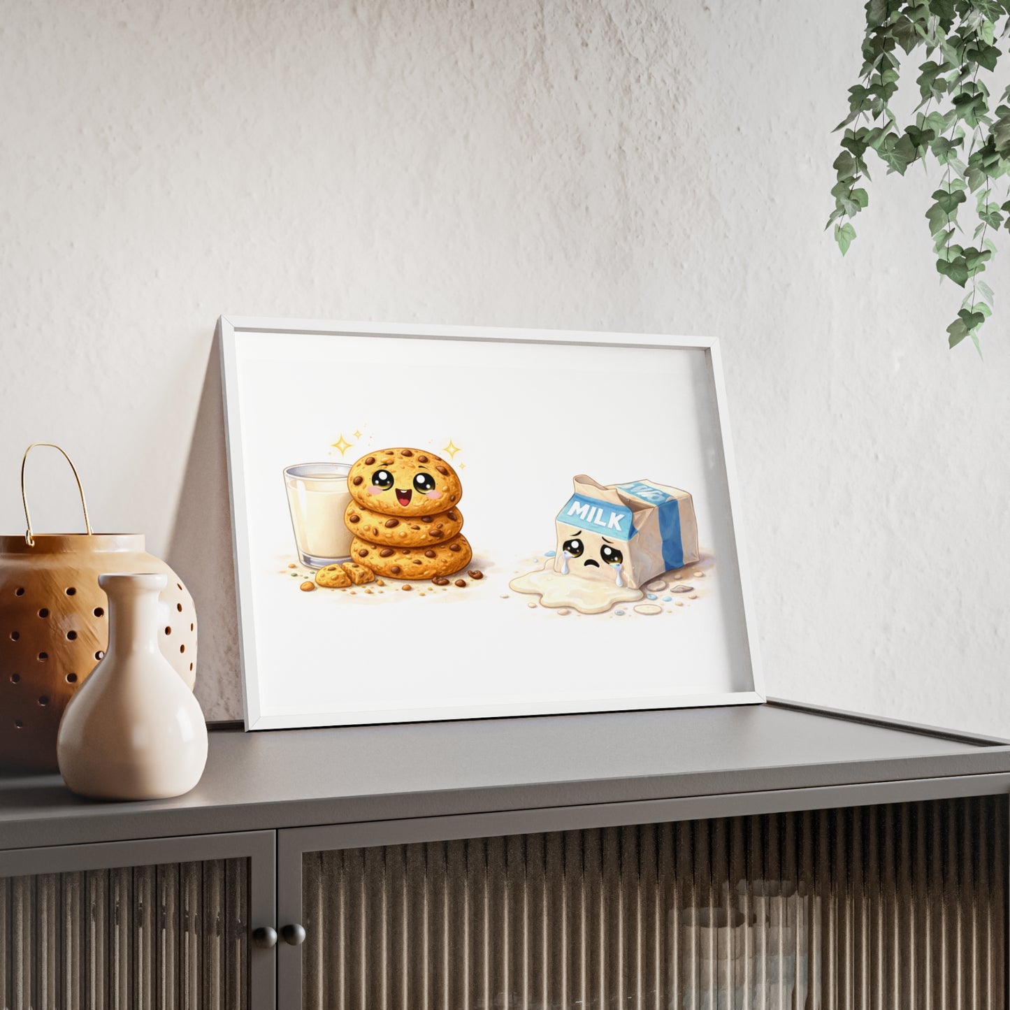 Cute Kawaii Cookies & Milk Poster with Frame — Whimsical Kitchen Wall Art