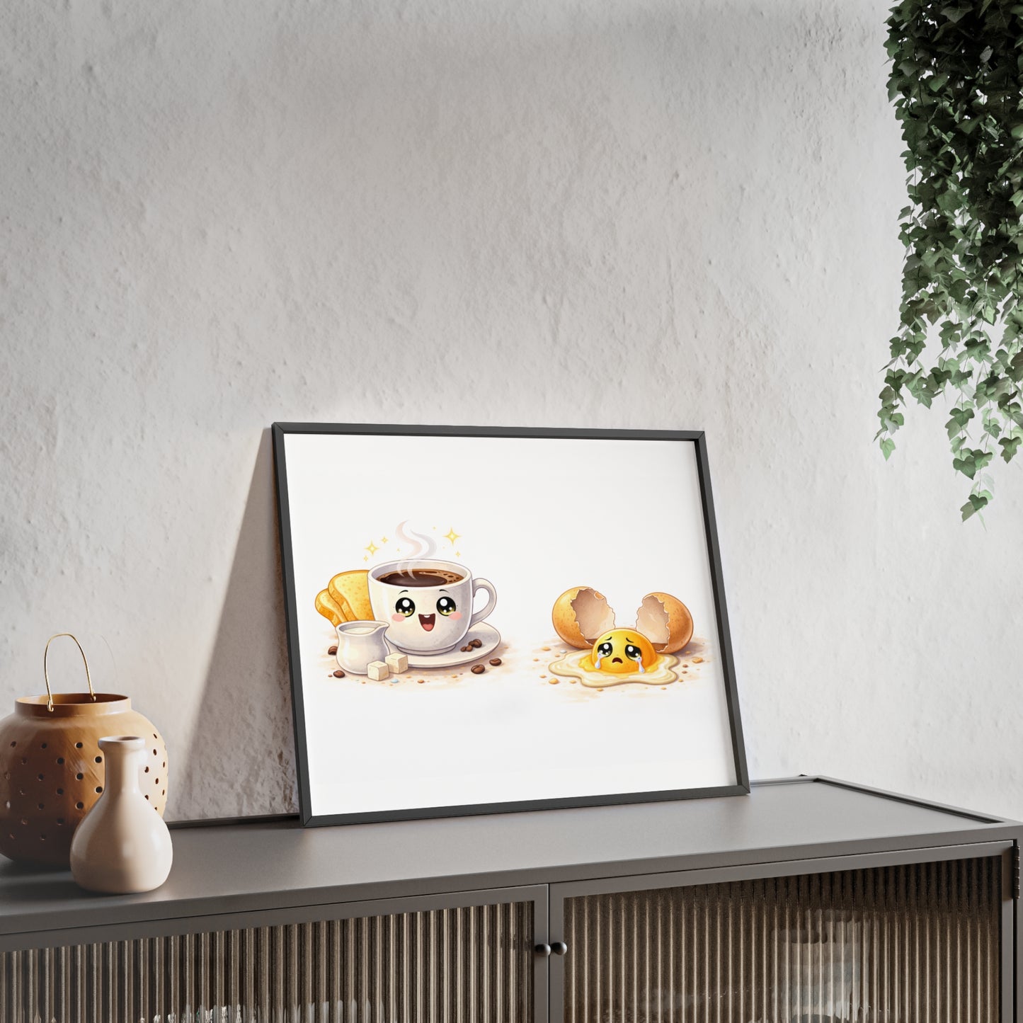 Cute Coffee & Sad Egg Framed Poster — Kitchen Wall Art