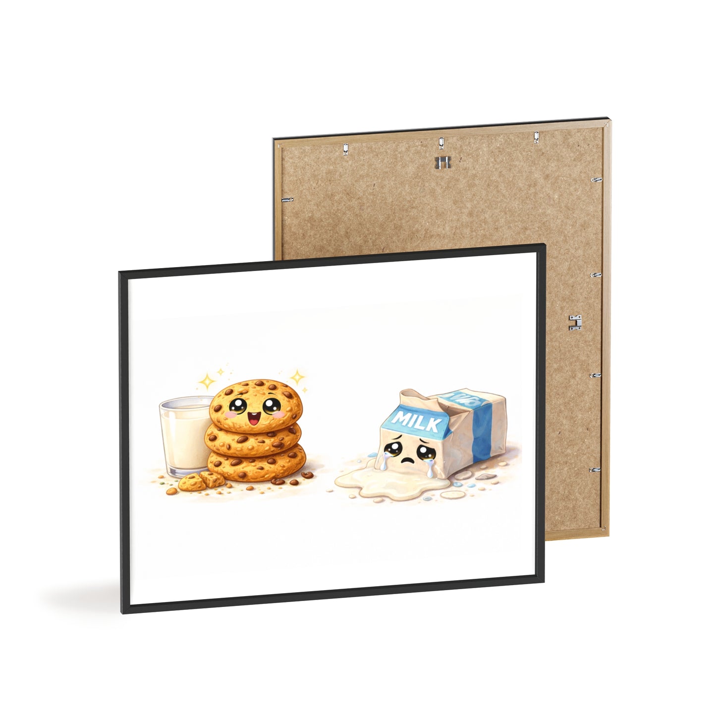 Cute Kawaii Cookies & Milk Poster with Frame — Whimsical Kitchen Wall Art