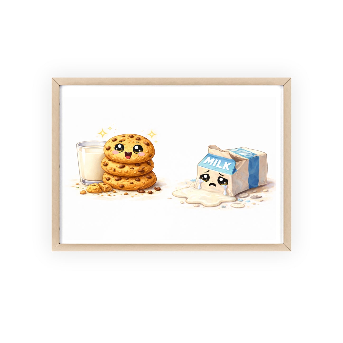 Cute Kawaii Cookies & Milk Poster with Frame — Whimsical Kitchen Wall Art