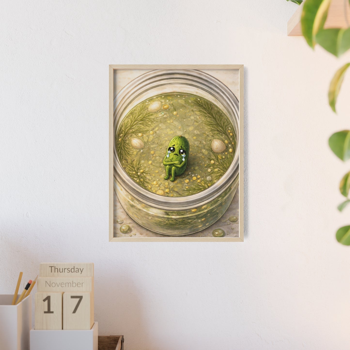Whimsical Pickle in Jar Art Print — Framed Poster for Kitchens & Gift-Giving