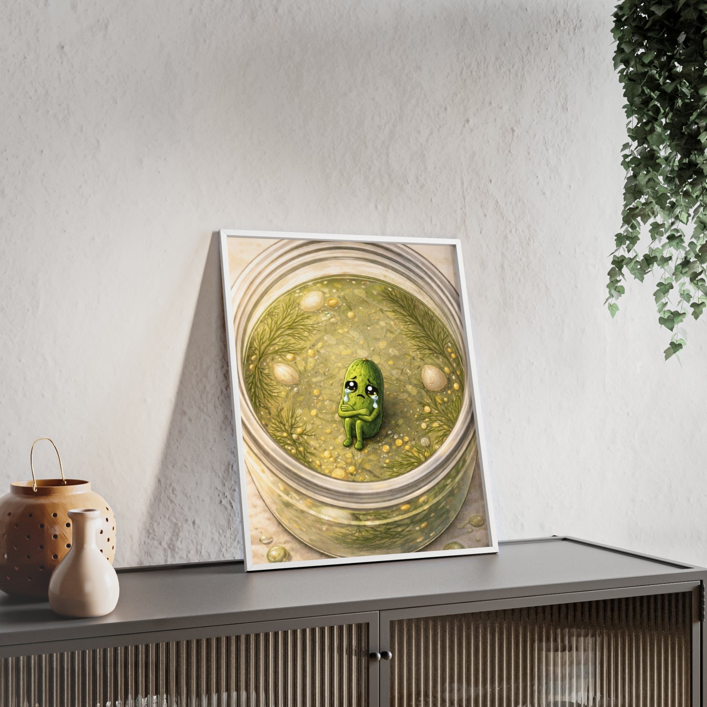 Whimsical Pickle in Jar Art Print — Framed Poster for Kitchens & Gift-Giving