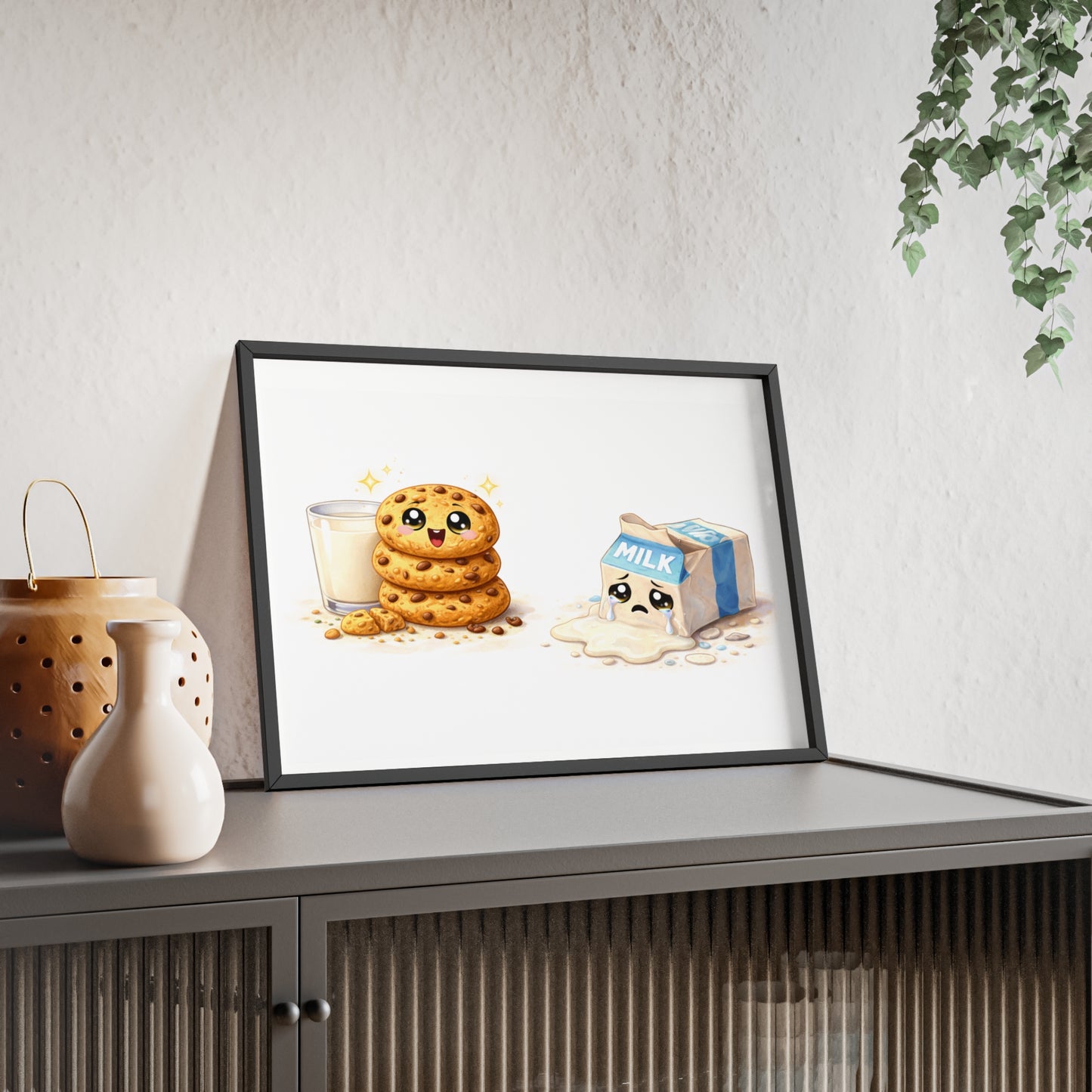 Cute Kawaii Cookies & Milk Poster with Frame — Whimsical Kitchen Wall Art