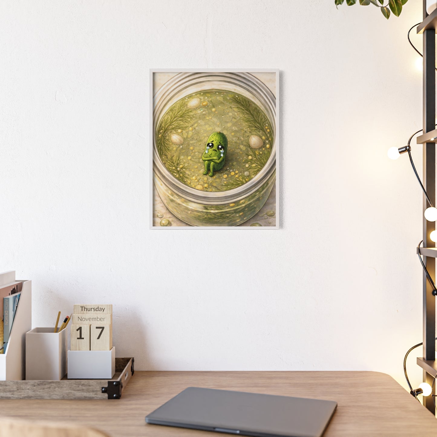 Whimsical Pickle in Jar Art Print — Framed Poster for Kitchens & Gift-Giving