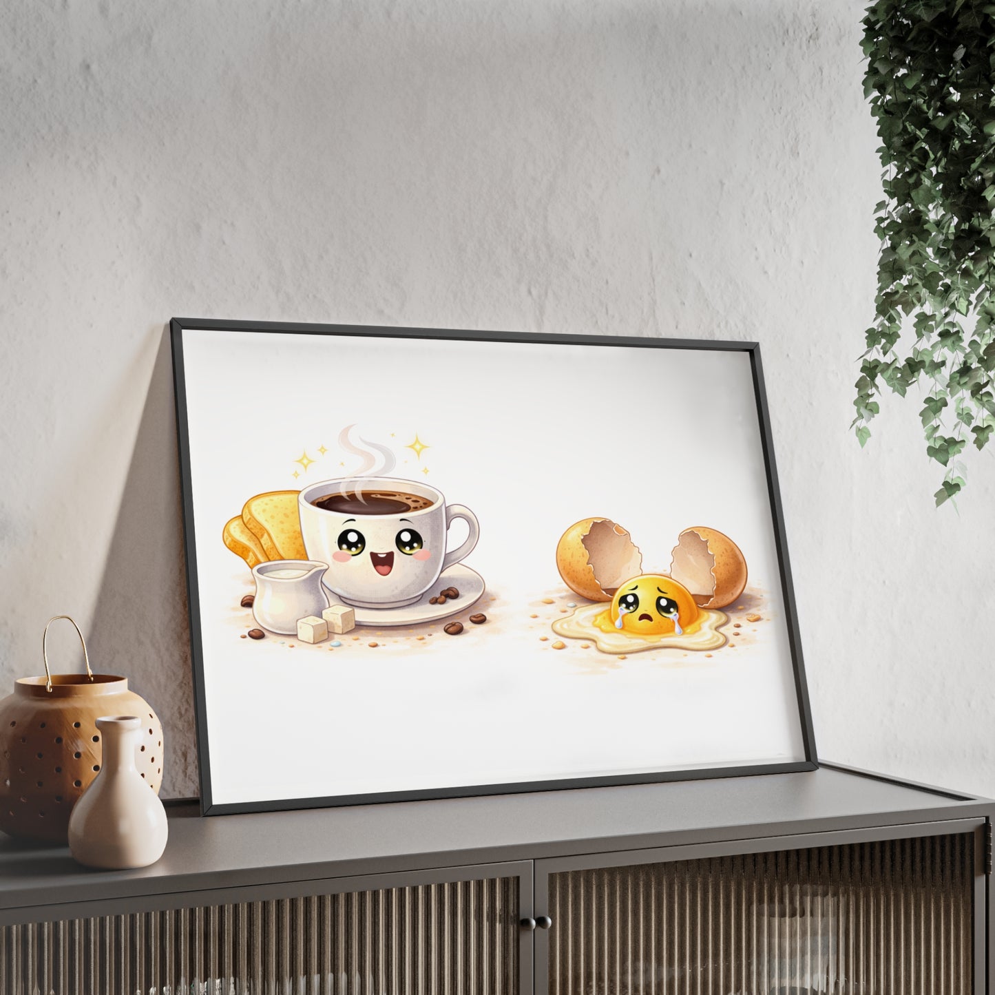 Cute Coffee & Sad Egg Framed Poster — Kitchen Wall Art