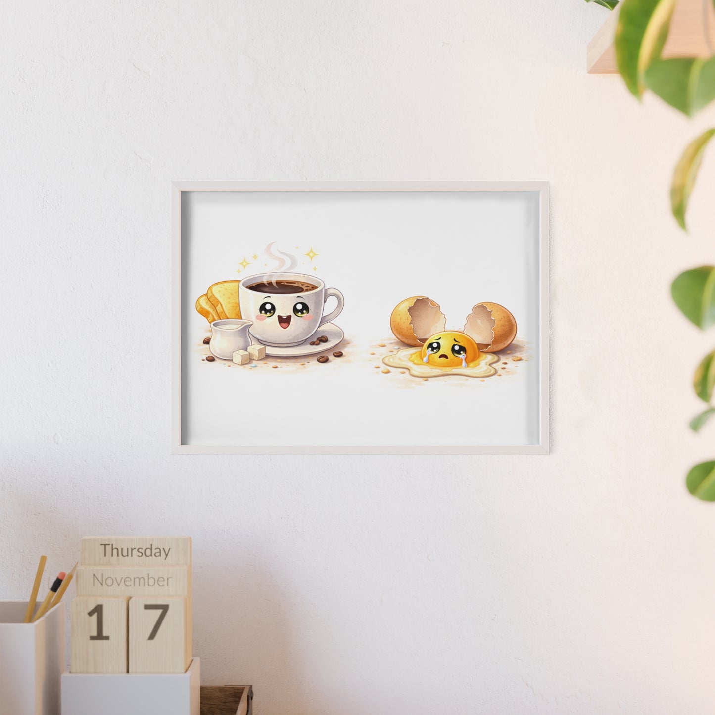 Cute Coffee & Sad Egg Framed Poster — Kitchen Wall Art