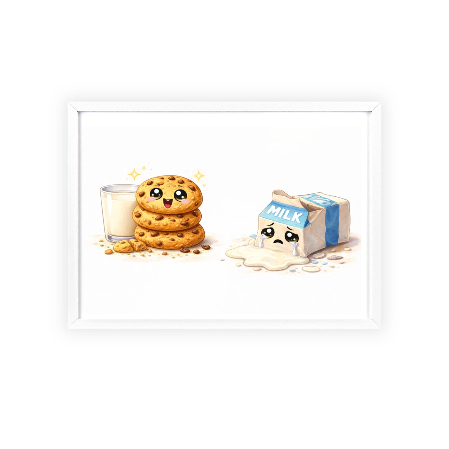 Cute Kawaii Cookies & Milk Poster with Frame — Whimsical Kitchen Wall Art