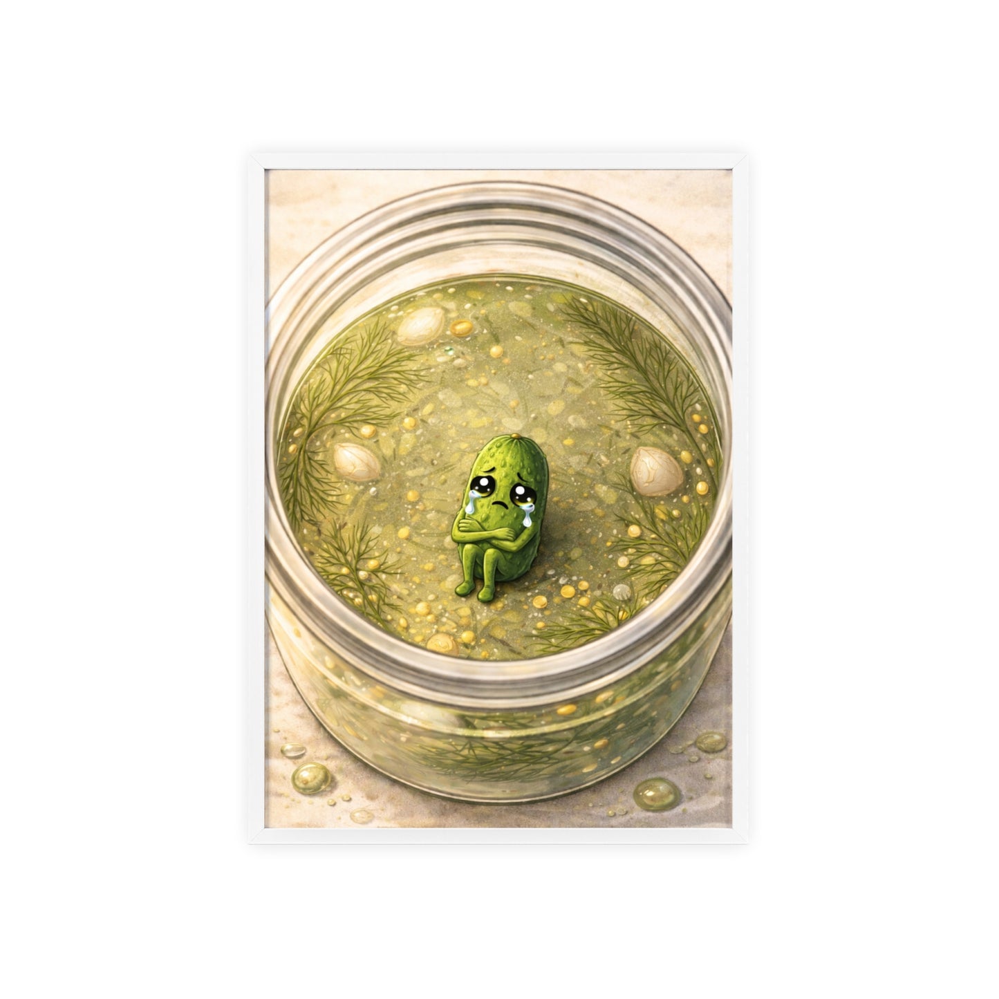 Whimsical Pickle in Jar Art Print — Framed Poster for Kitchens & Gift-Giving