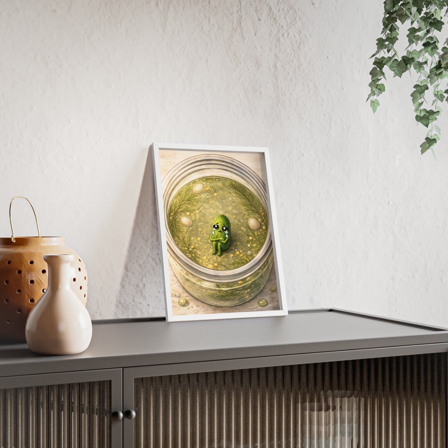 Whimsical Pickle in Jar Art Print — Framed Poster for Kitchens & Gift-Giving