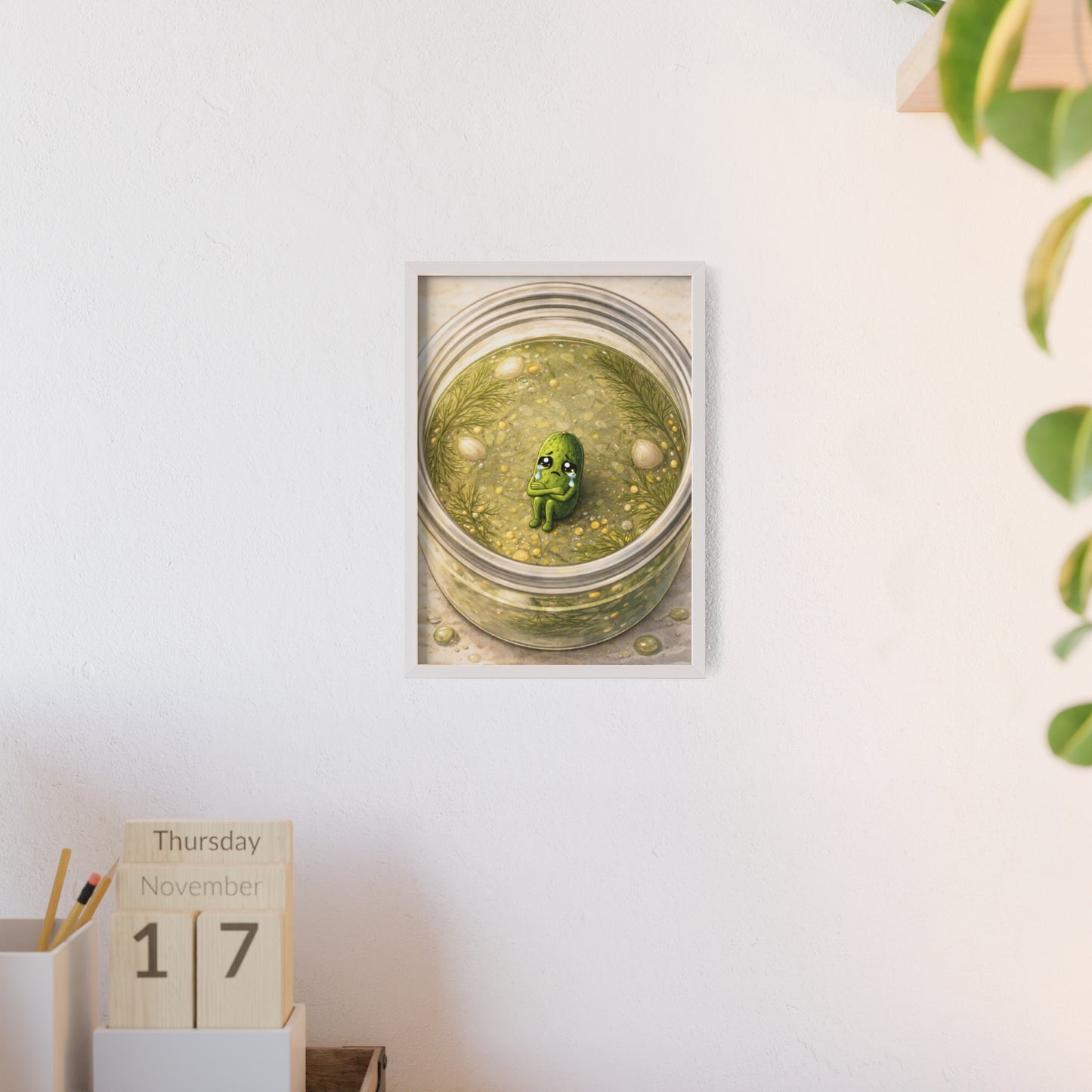 Whimsical Pickle in Jar Art Print — Framed Poster for Kitchens & Gift-Giving