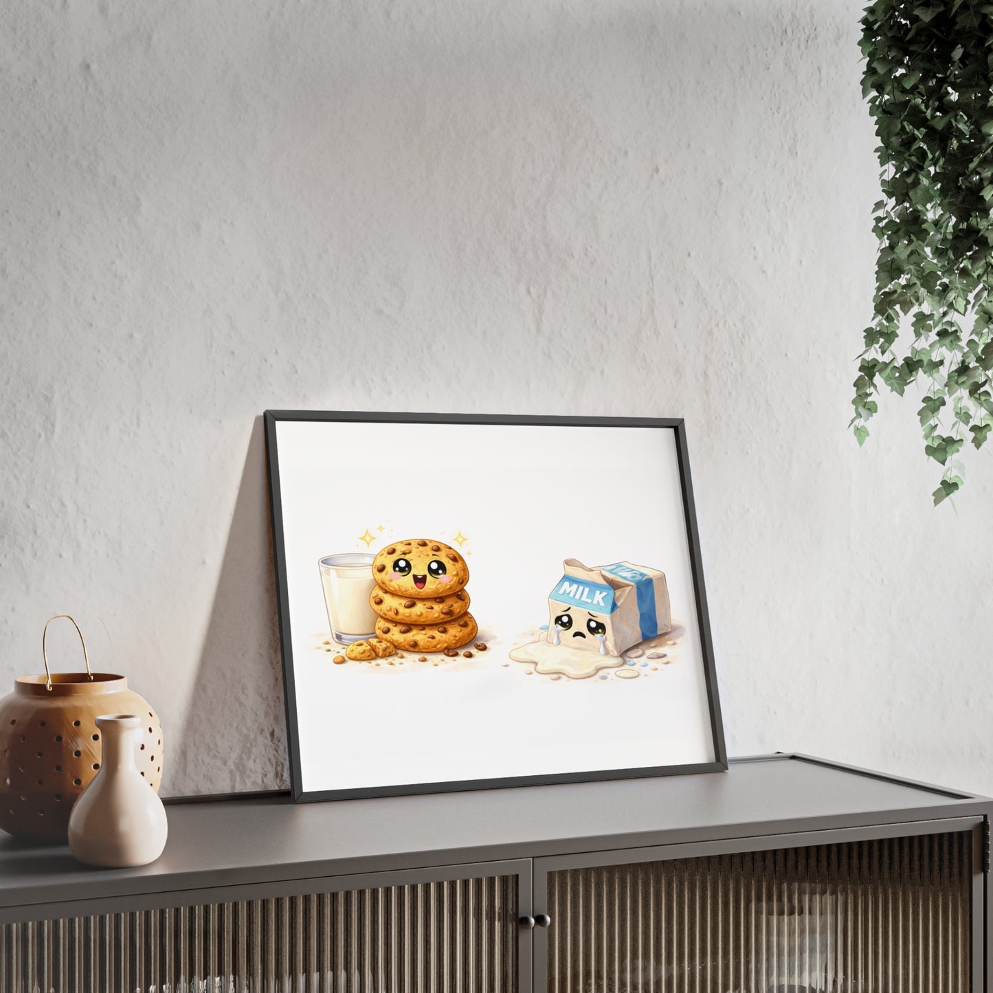 Cute Kawaii Cookies & Milk Poster with Frame — Whimsical Kitchen Wall Art