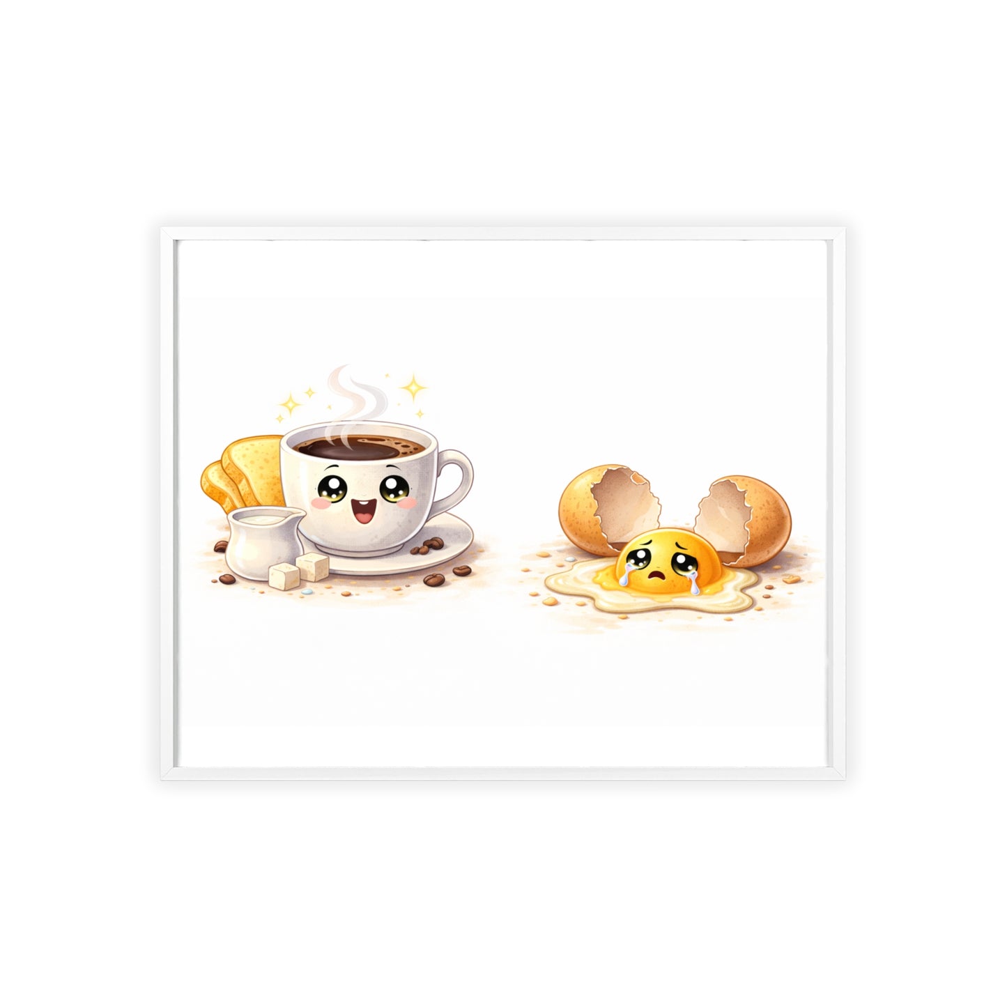 Cute Coffee & Sad Egg Framed Poster — Kitchen Wall Art