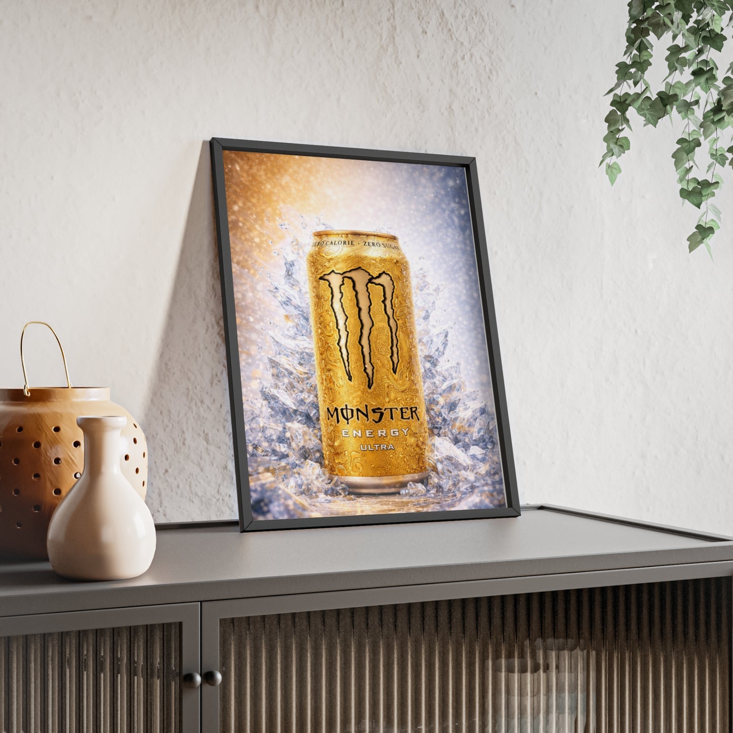 MONSTER Gold Energy Drink Poster Framed — Wall Art