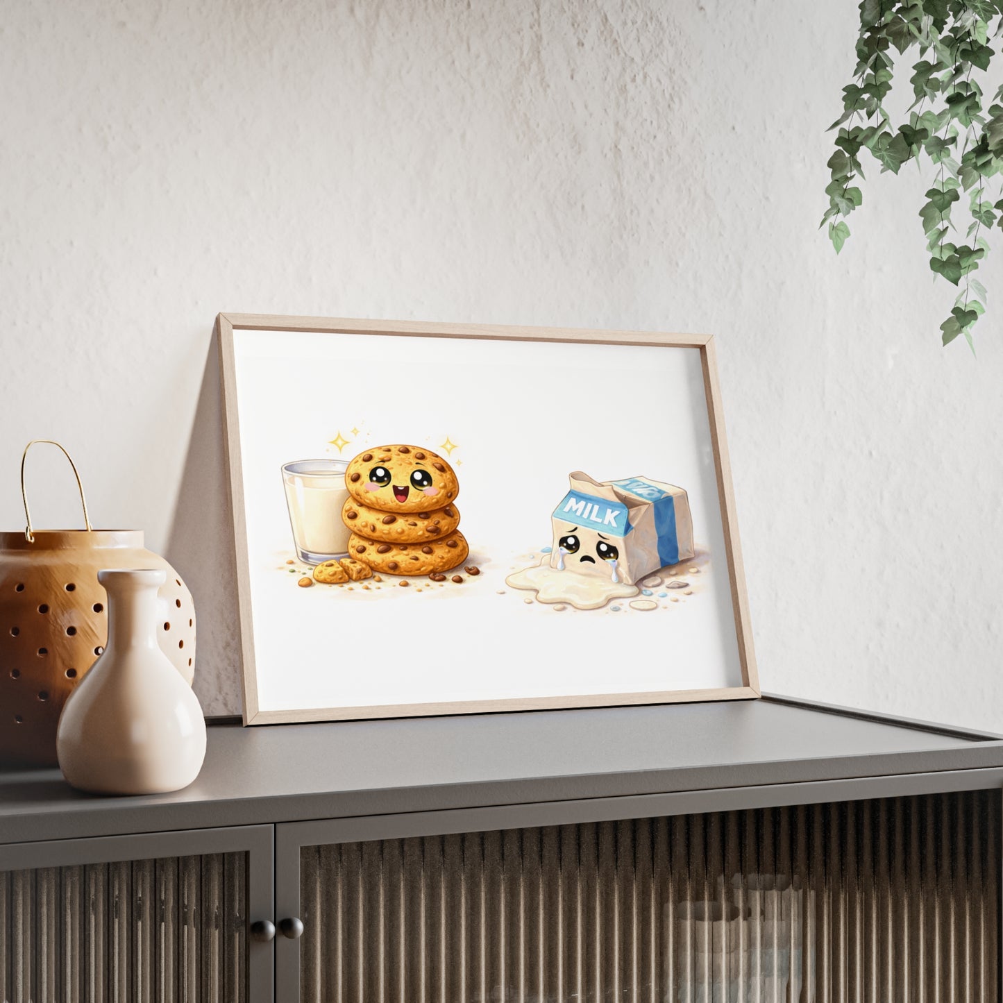 Cute Kawaii Cookies & Milk Poster with Frame — Whimsical Kitchen Wall Art