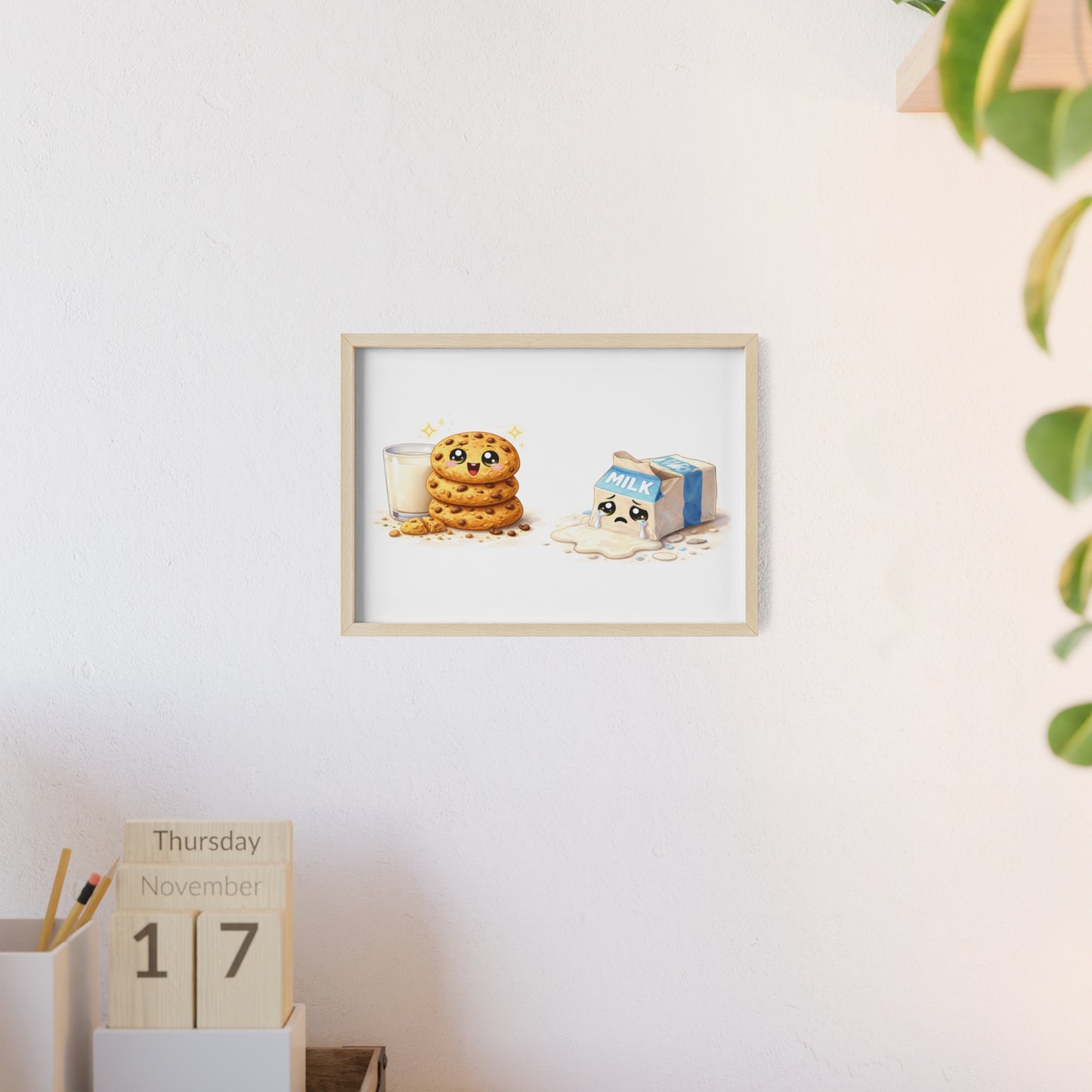 Cute Kawaii Cookies & Milk Poster with Frame — Whimsical Kitchen Wall Art