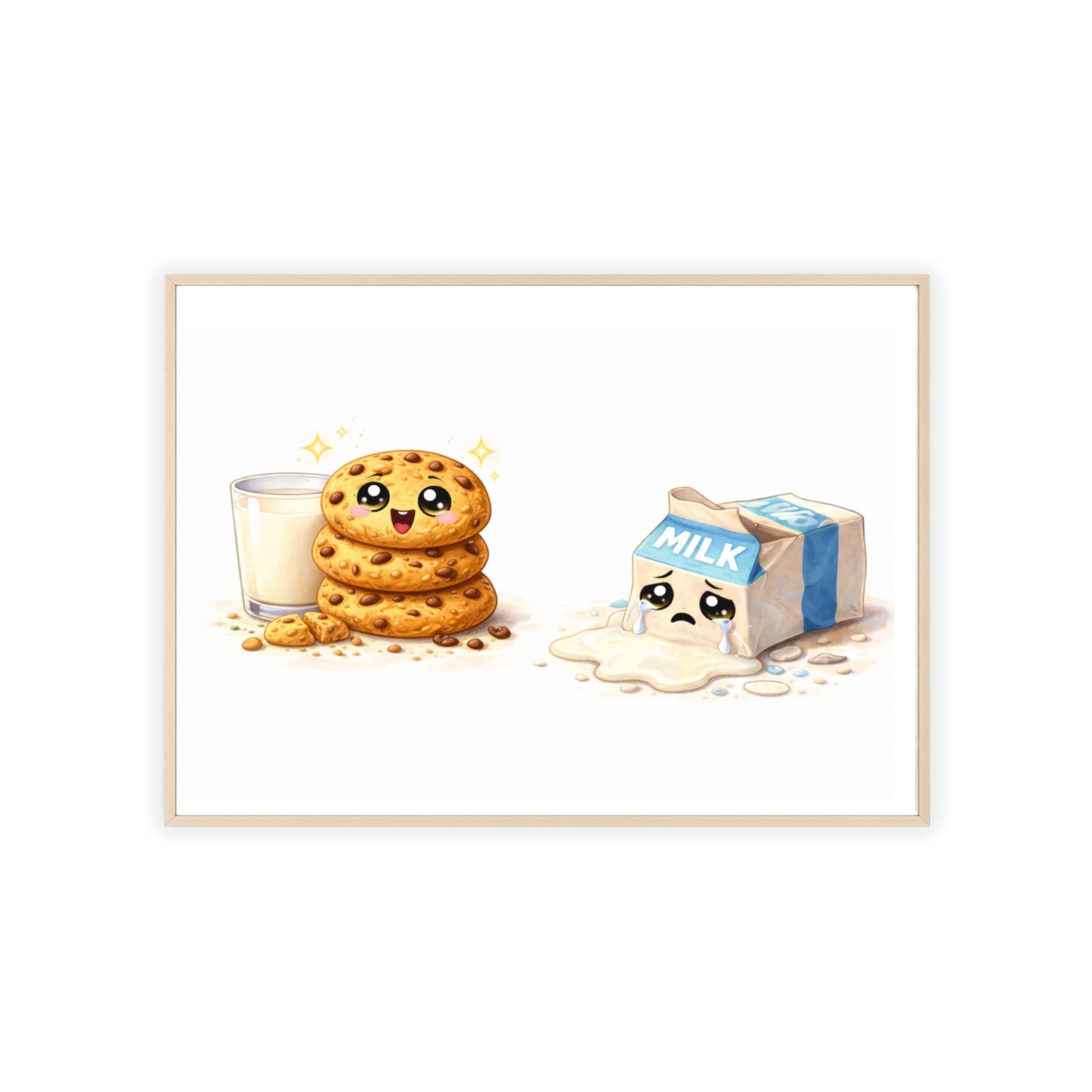Cute Kawaii Cookies & Milk Poster with Frame — Whimsical Kitchen Wall Art