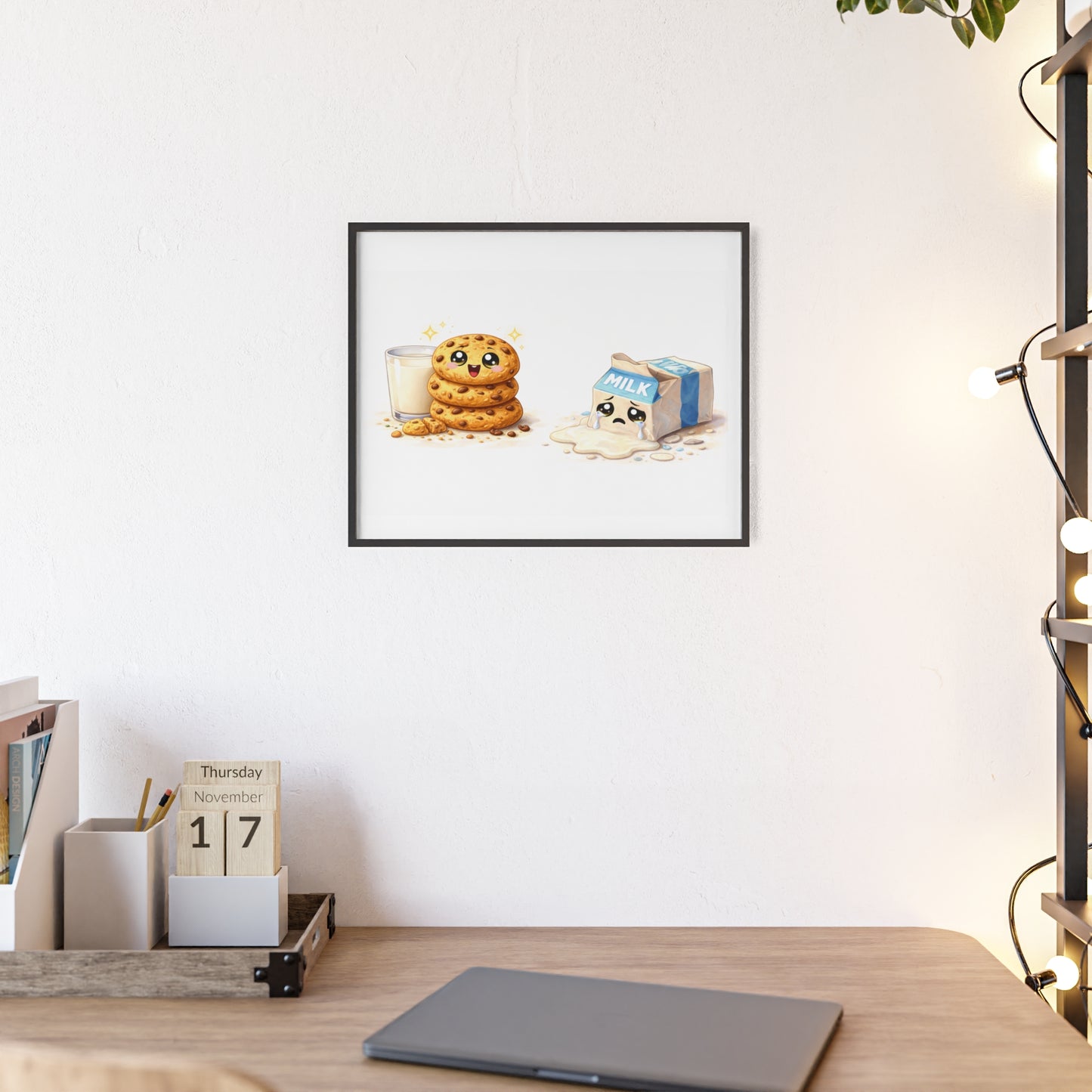 Cute Kawaii Cookies & Milk Poster with Frame — Whimsical Kitchen Wall Art